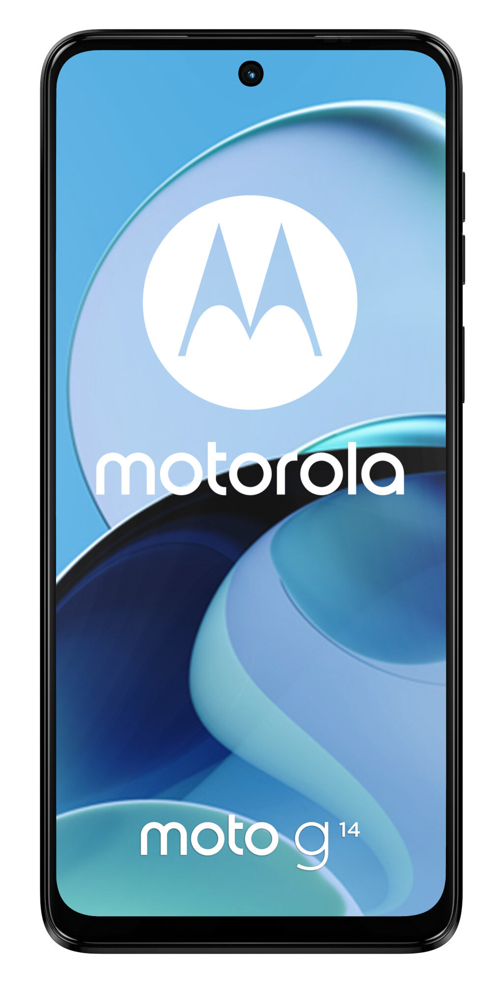 Czarny smartfon Motorola z dużym ekranem, białe logo.