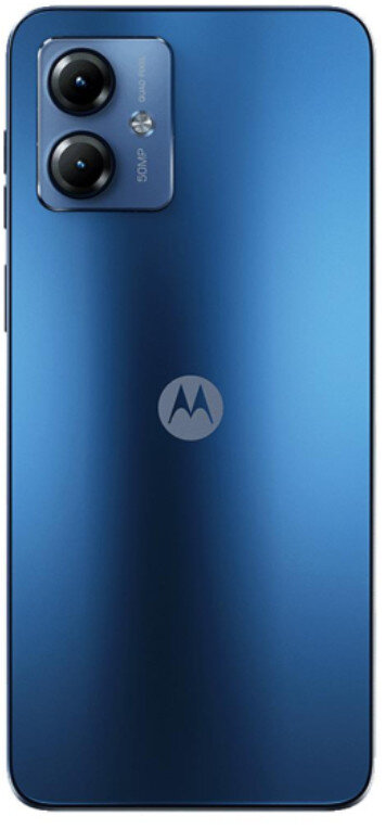 Tył niebieskiego telefonu Motorola z dwoma aparatami i logo.