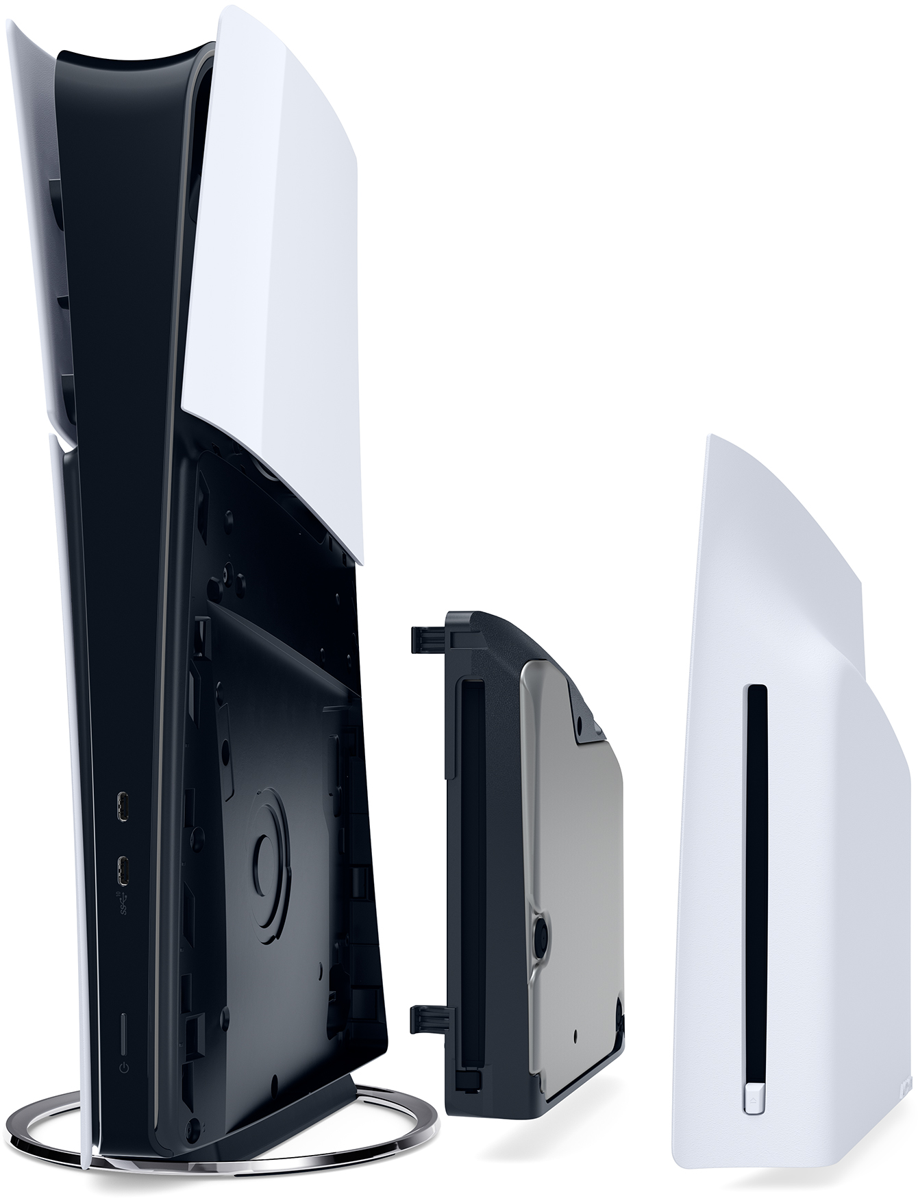 PlayStation 5 szétszerelve. Paneleket, belső alkatrészeket és állványt mutat.