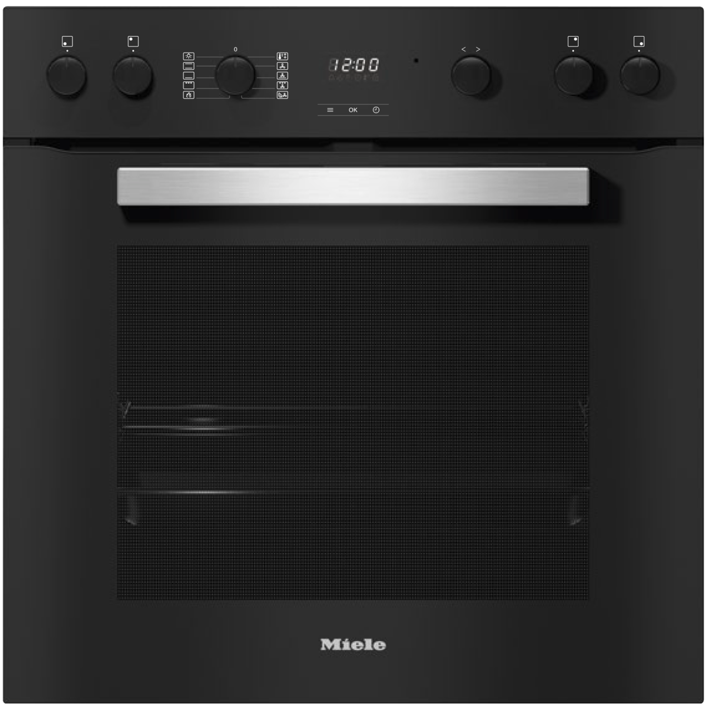 Ein schwarzer Miele-Ofen mit silbernem Griff und digitaler Anzeige.