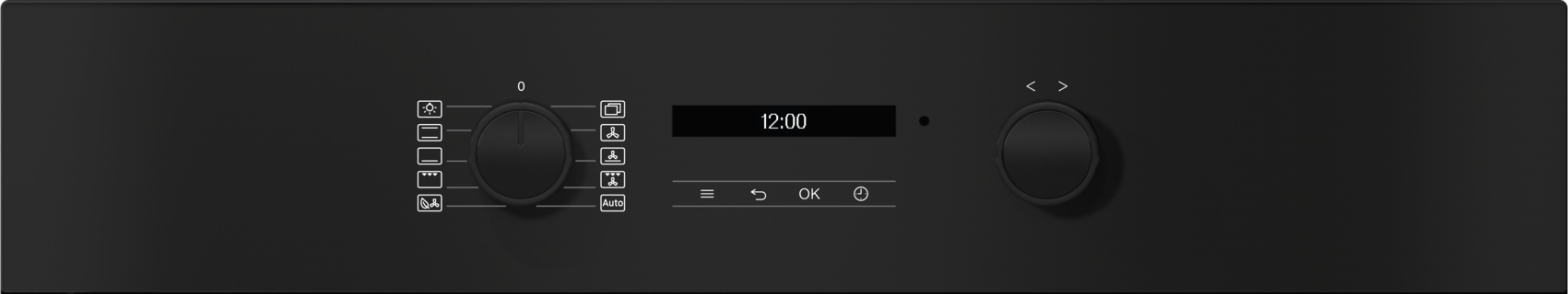 Bedienfeld des Ofens mit zwei Knöpfen, einem Digitaldisplay (12:00) und Symbolen.