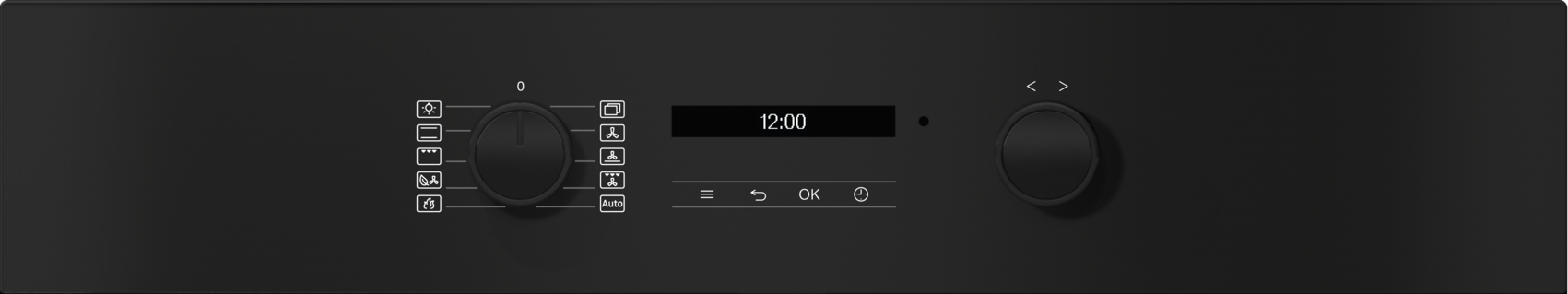 Bedienfeld eines Ofens mit zwei Drehknöpfen, einem Display mit 12:00 Uhr und Symbolen.