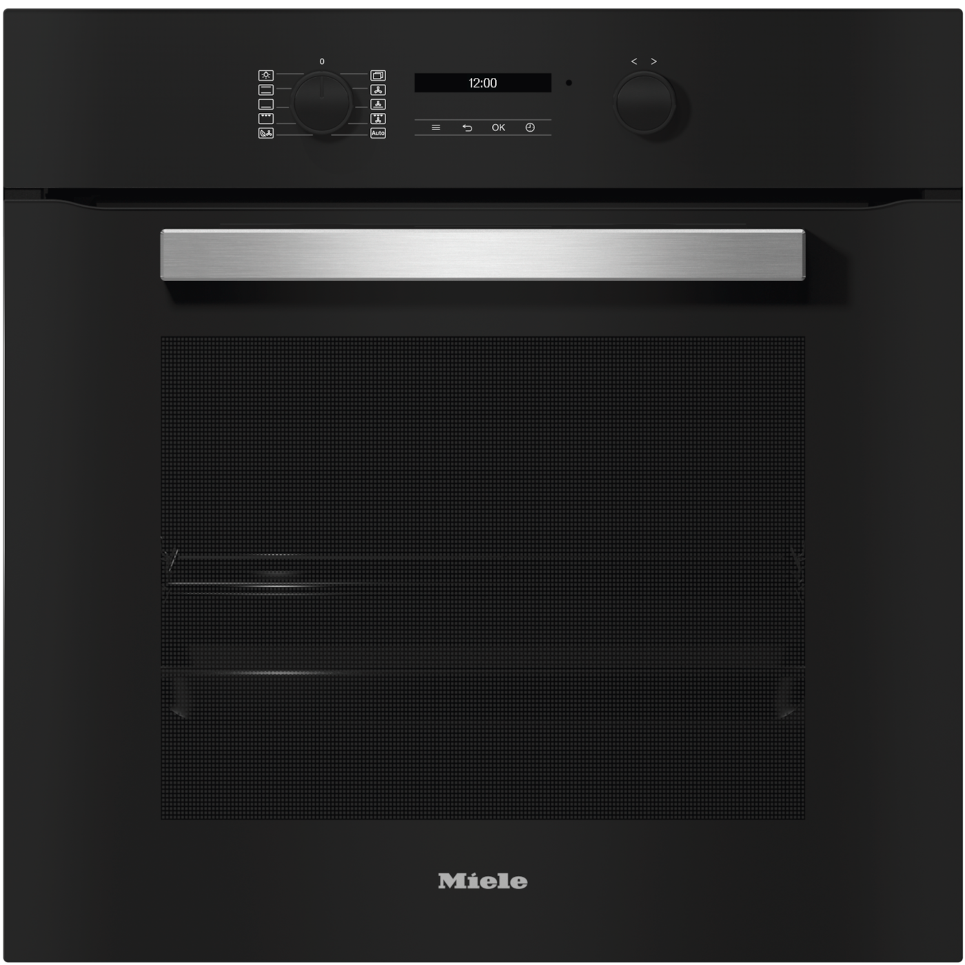 Schwarzer Miele-Ofen mit digitaler Anzeige, Bedienelementen und Edelstahlscharnier.