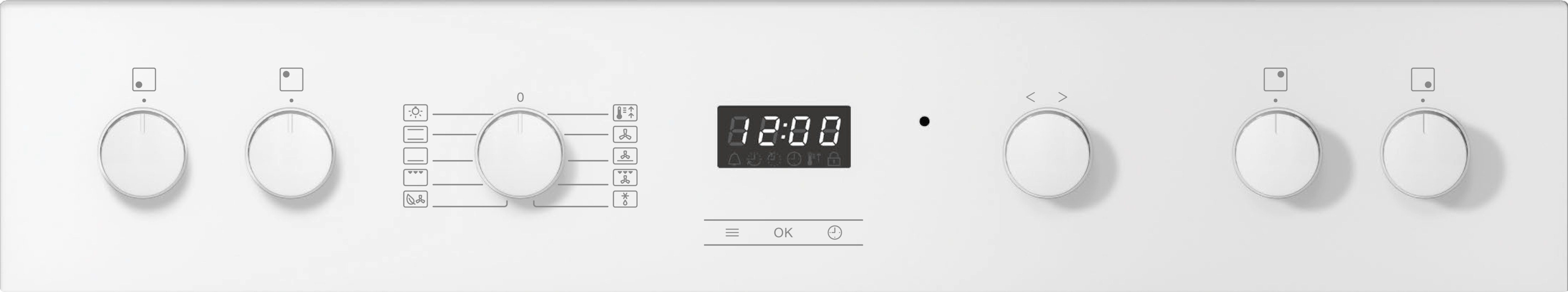 Bedienfeld eines weißen Geräts mit Knöpfen, einem digitalen Display und Symbolen.