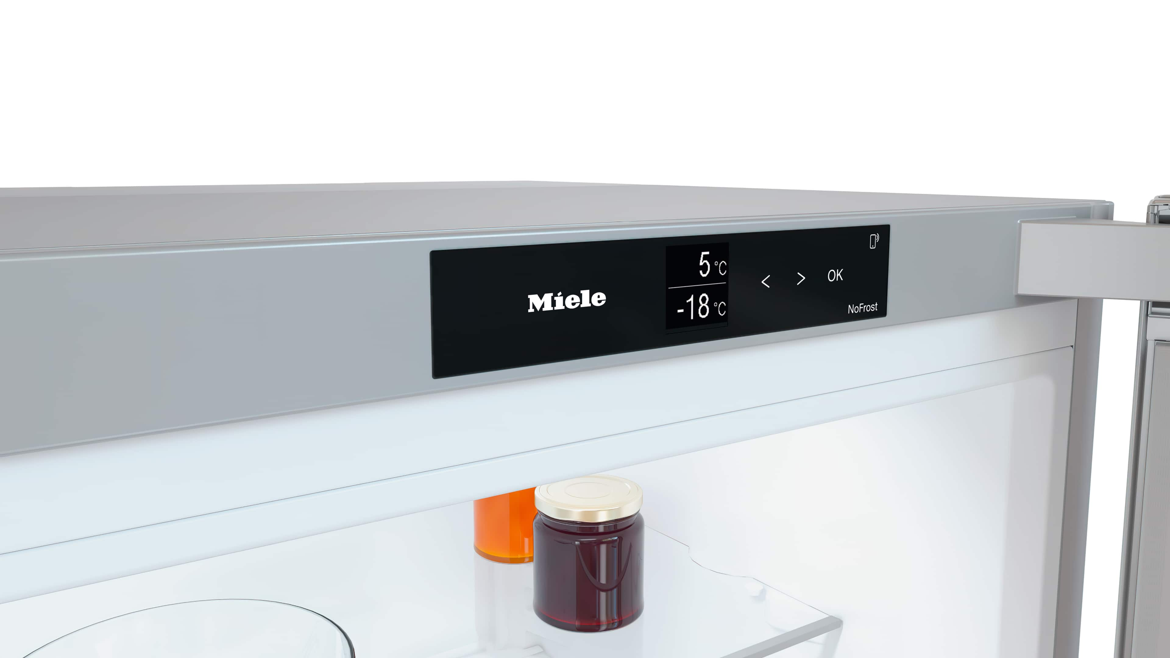 Miele Kühlschrankanzeige zeigt 5°C und -18°C, mit zwei Gläsern Inhalt.