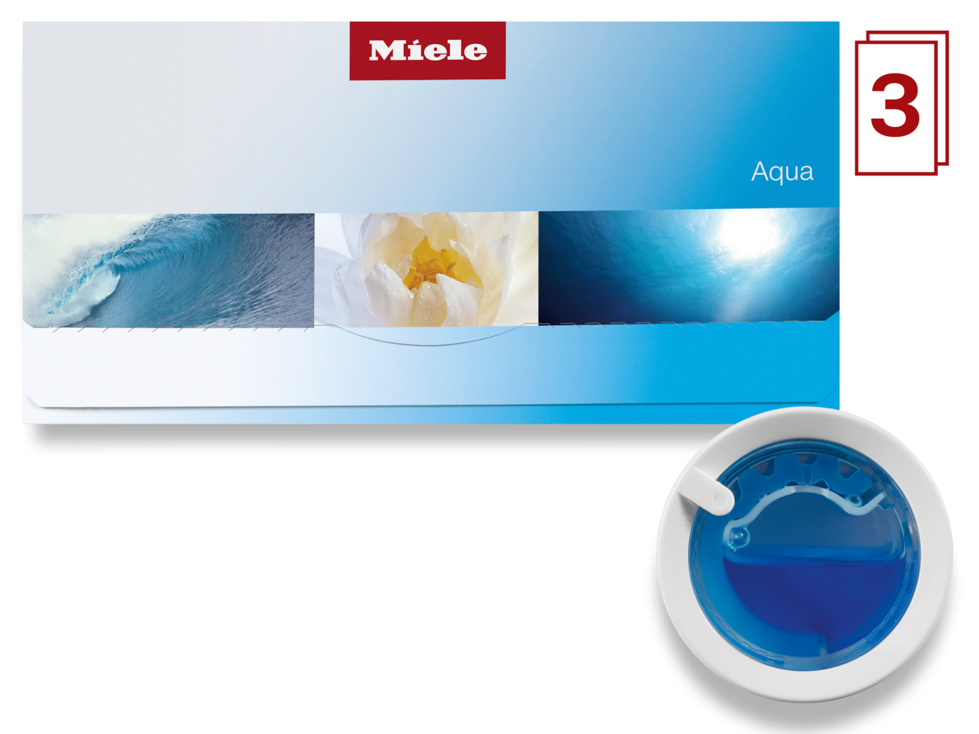 Miele Aqua-Logo mit Welle, Blüte, Unterwasser und blauem Flüssigkeitsbehälter.
