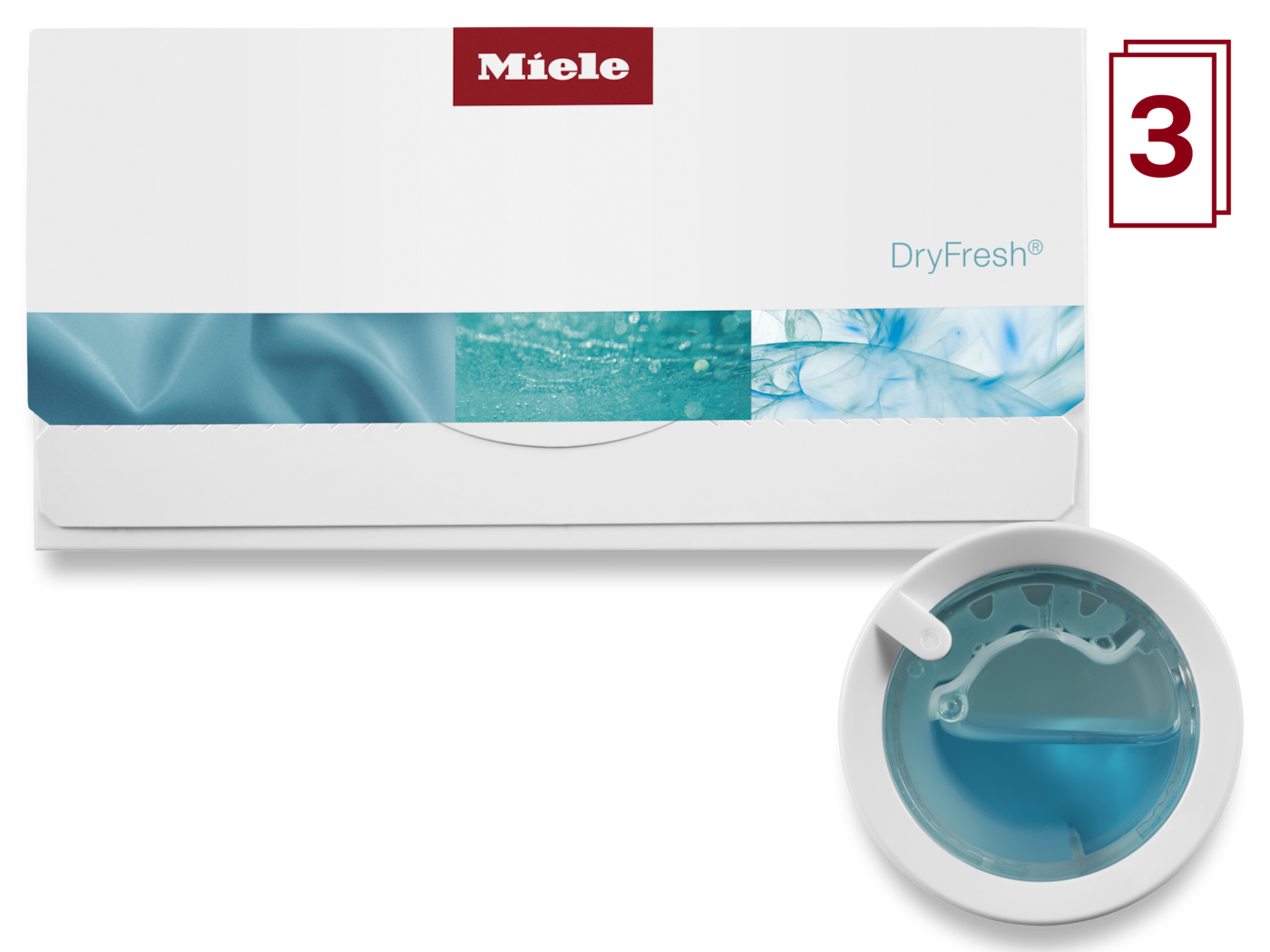 Miele DryFresh Verpackung mit einem Behälter mit blauer Flüssigkeit.