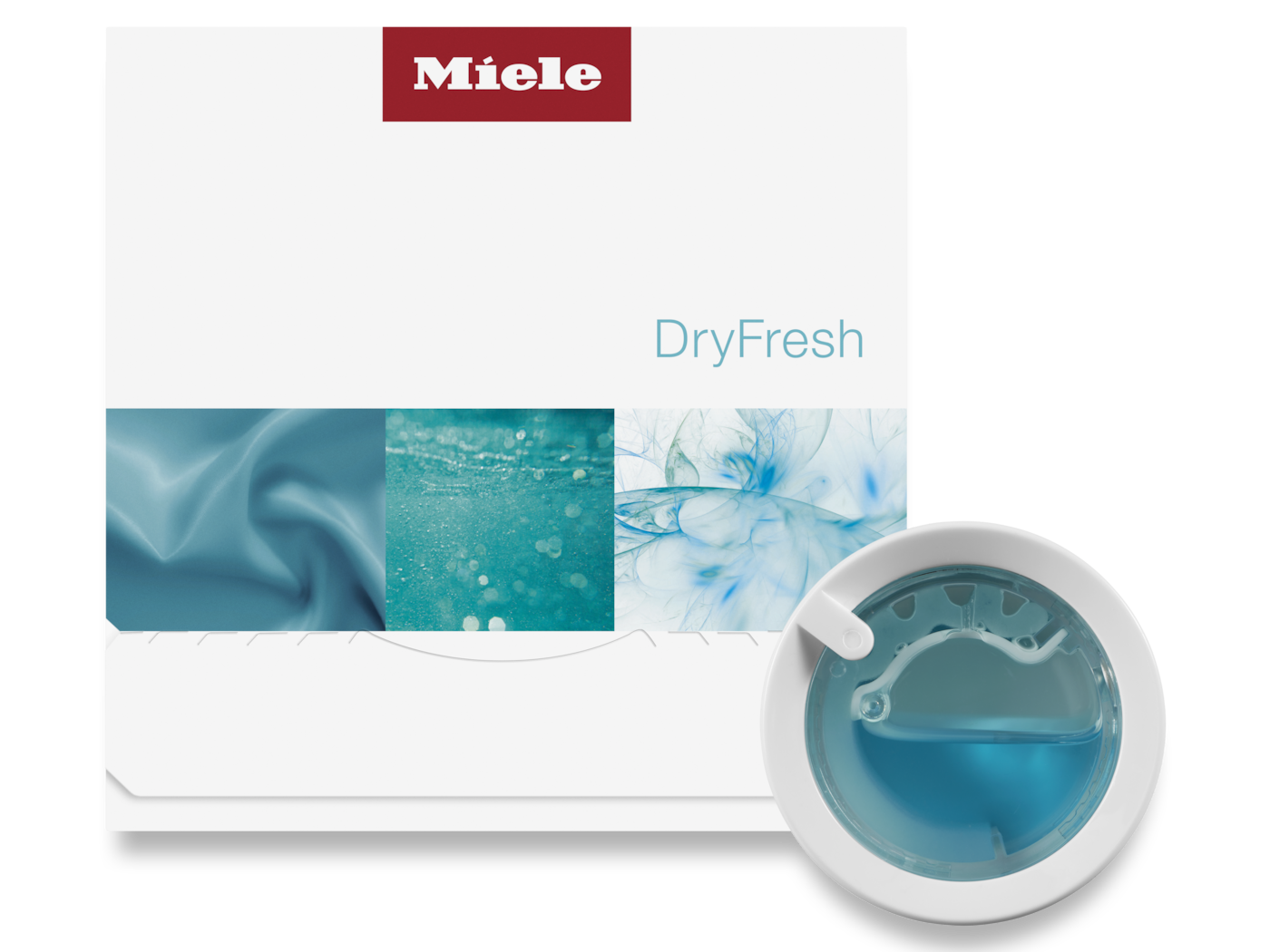 Miele DryFresh: Blaue Flüssigkeit in einem weißen Behälter neben einem stilisierten Flyer.