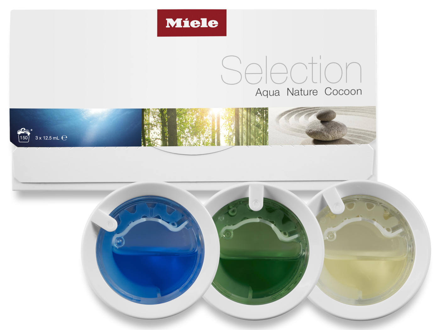 Miele Selection Aqua Nature Cocoon: drei runde Kapseln mit blauer, grüner und gelber Flüssigkeit.