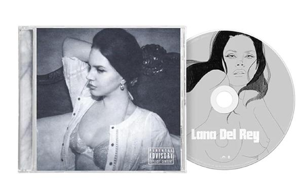 Albumcover mit einem Schwarz-Weiß-Foto von Lana Del Rey und einer CD mit einer Skizze.