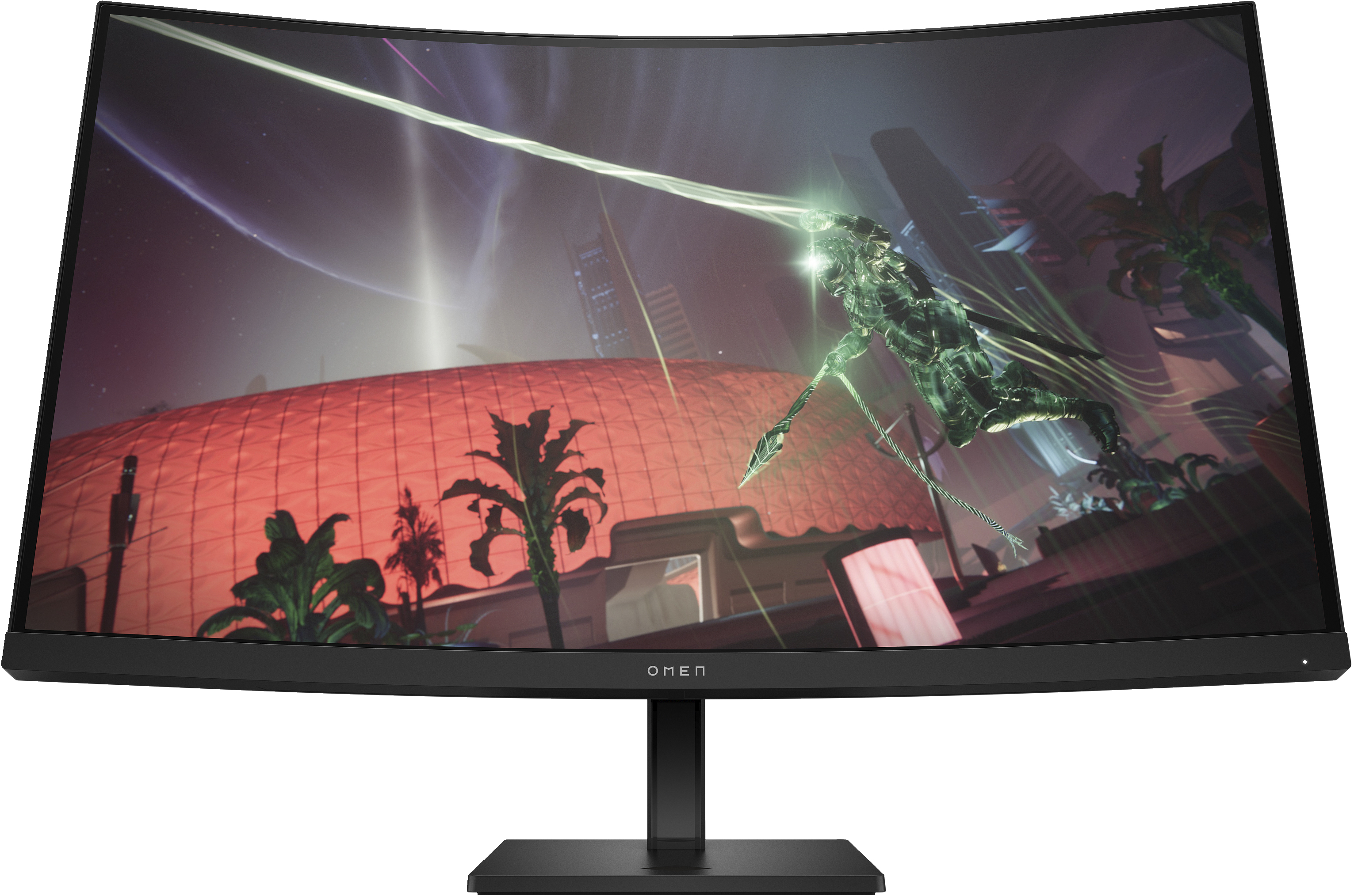 Ein gekrümmter Omen-Monitor, der eine futuristische Szene mit einer Figur mit Waffe zeigt.
