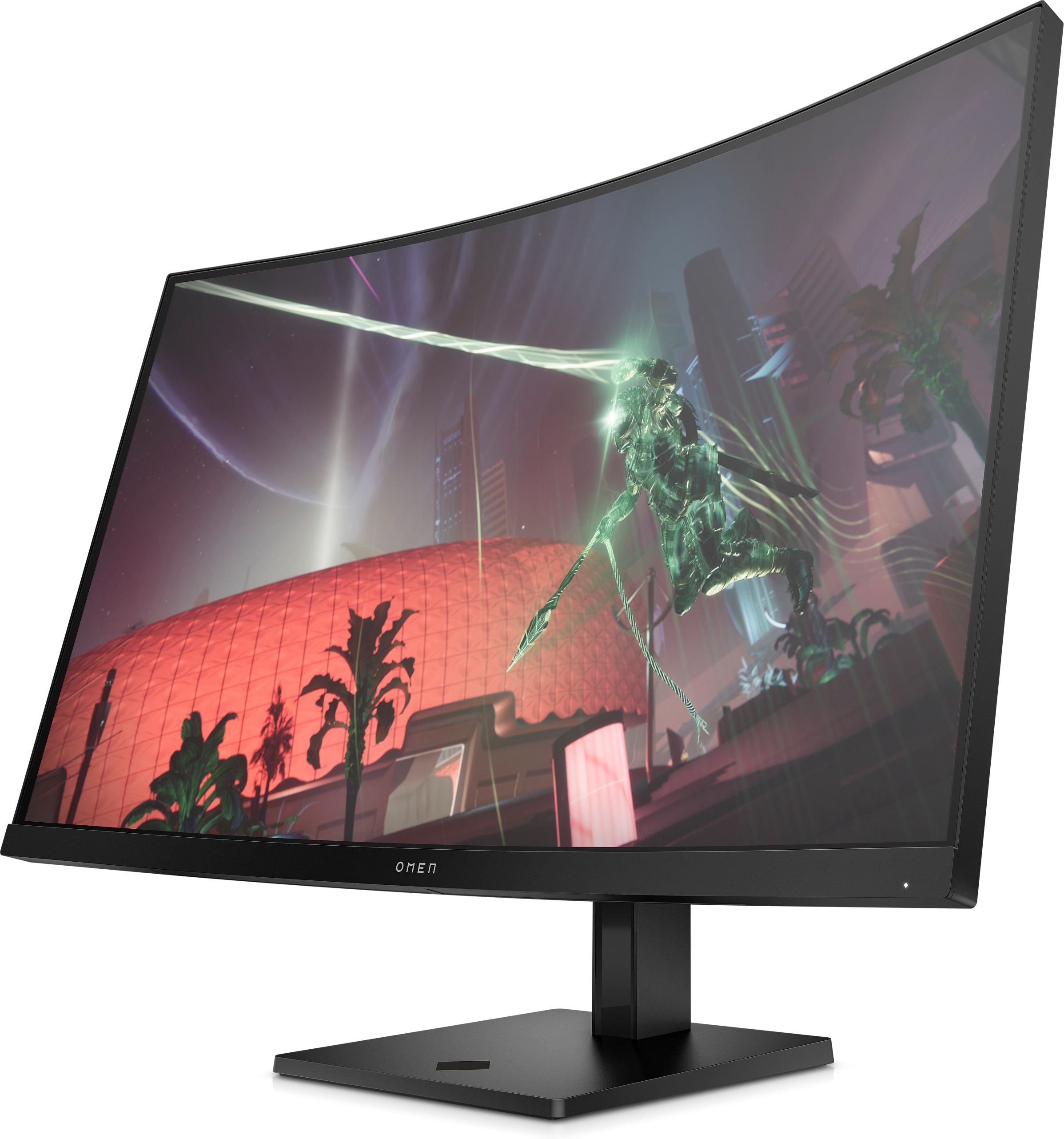 Ein gebogener OMEN-Gaming-Monitor, der eine futuristische Spielszene anzeigt.
