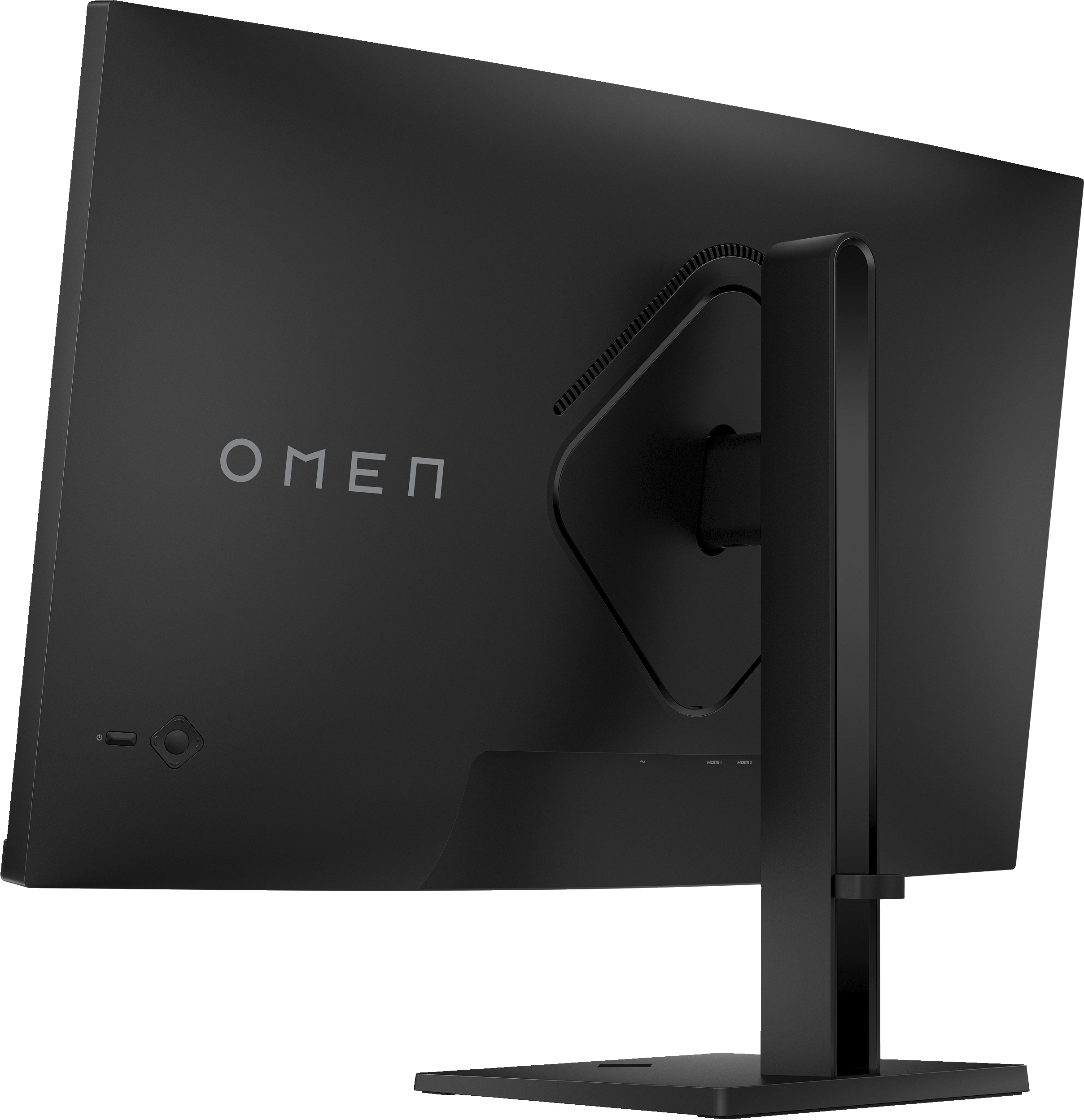 Schwarze OMEN-Monitor-Rückansicht. Enthält Ständer, Anschlüsse und Ein-/Aus-Taste. OMEN-Logo sichtbar.