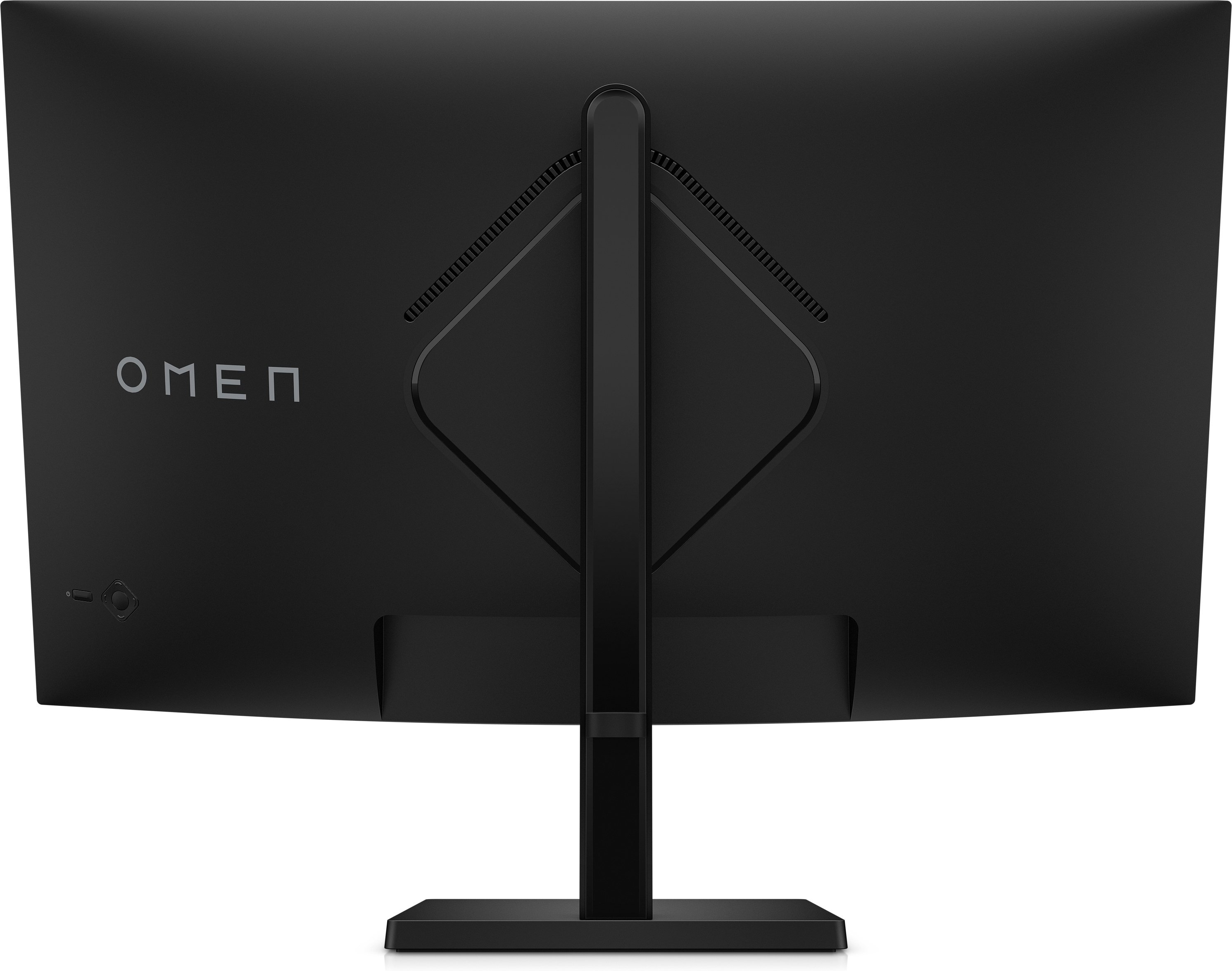 Rückseite des schwarzen Computermonitors mit Standfuß, OMEN-Logo sichtbar.