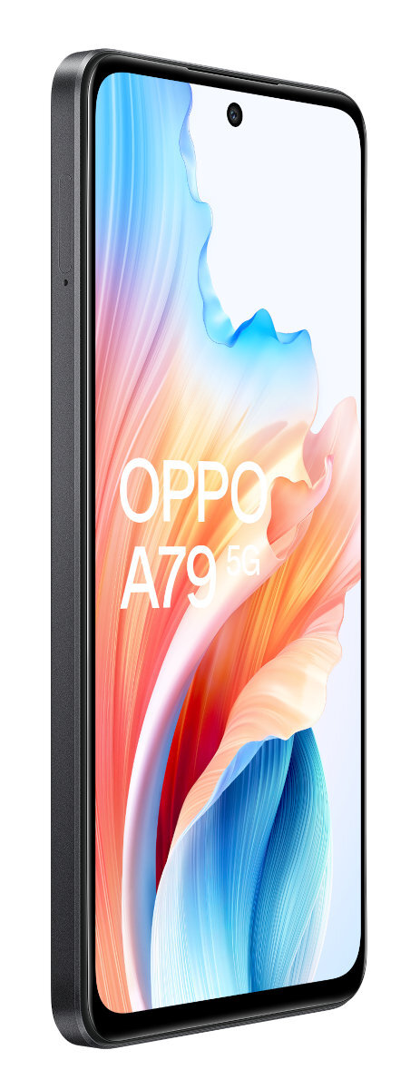 Smartfon jest pokazany pod kątem. Ekran wyświetla kolorowy abstrakcyjny obraz. Telefon jest czarny.
