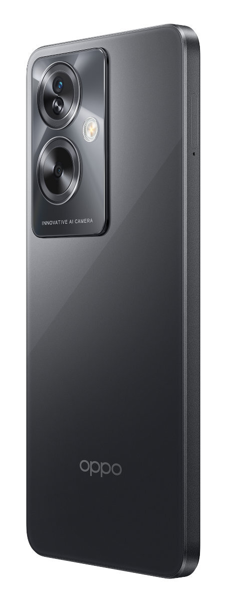 Szary smartfon z podwójnym aparatem pokazany pod kątem, z widocznym logo Oppo.