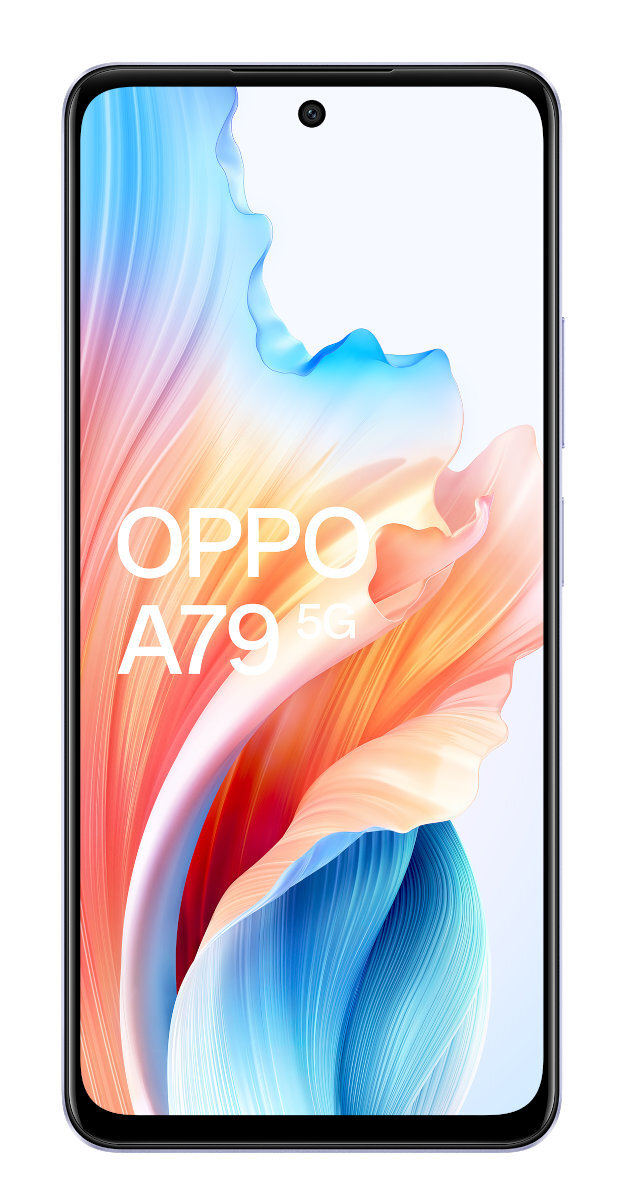 Fioletowy smartfon z logo Oppo na ekranie, pokazujący kolorowy, płynny wzór.