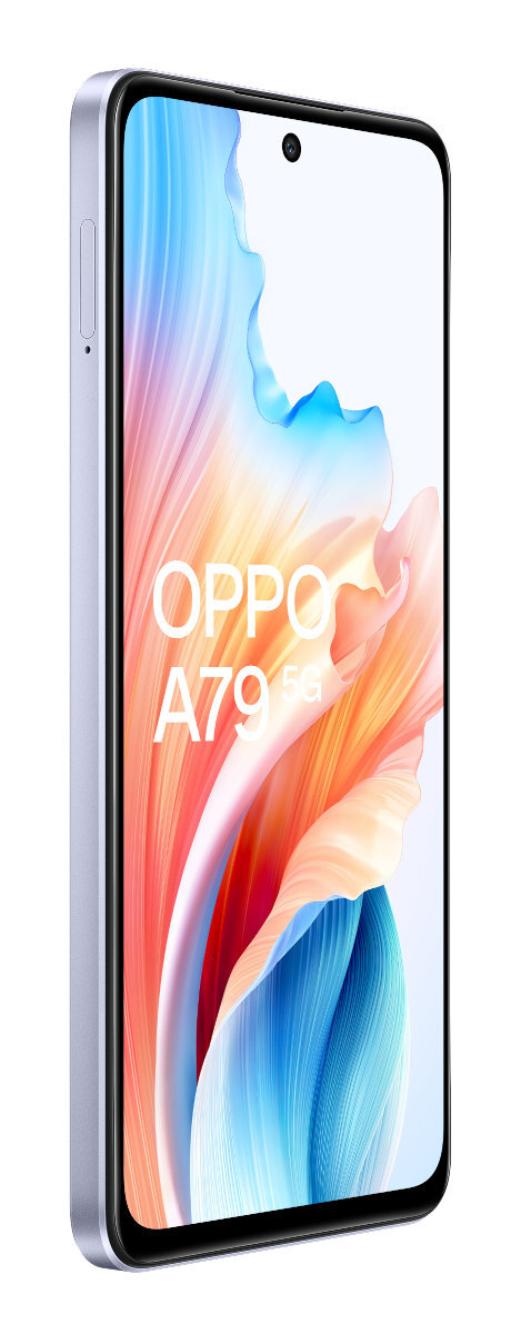 Jasnofioletowy smartfon Oppo A79 5G, pod kątem, z kolorowym wyświetlaczem.
