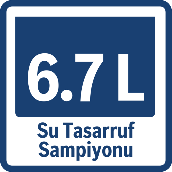 6.7L ve Su Tasarruf Sampiyonu yazan mavi ve beyaz bir tabela, su tasarrufu şampiyonu anlamına geliyor.