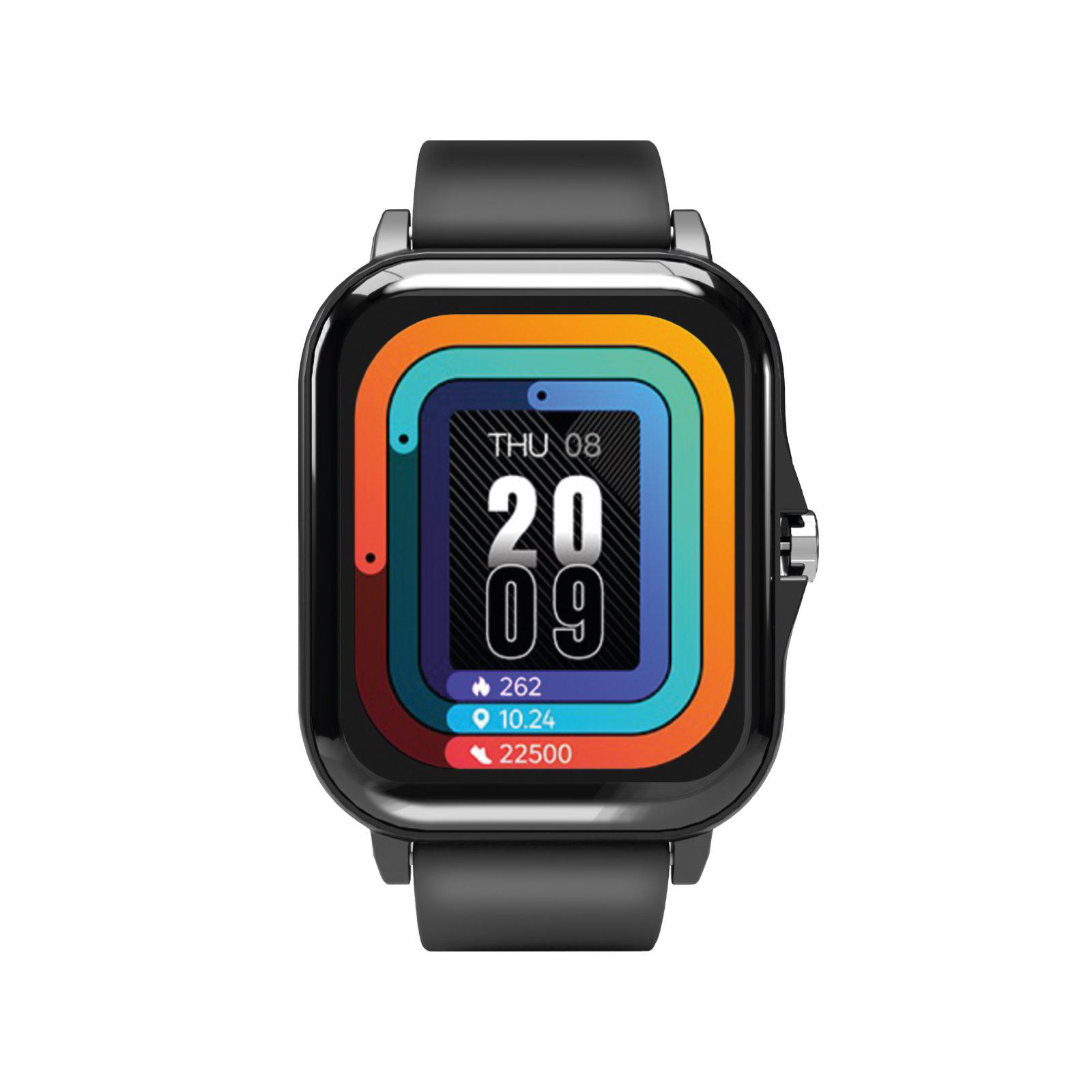 Schwarz und farbenfrohe Smartwatch mit schwarzem Armband, zeigt Zeit und Gesundheitsdaten.