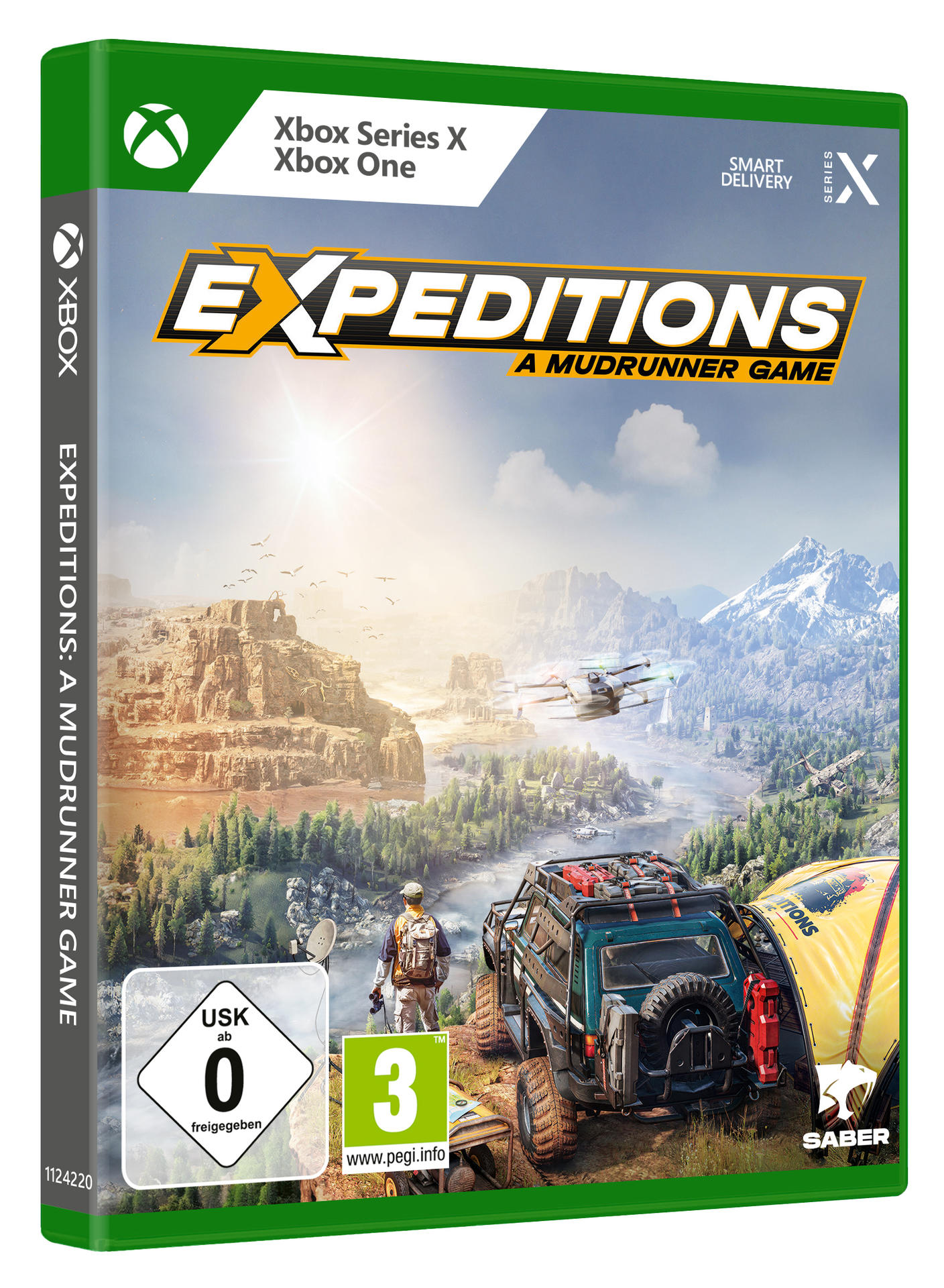 Xbox-Spielbox. Expeditions: A Mudrunner Game mit grünem und weißem Design. Geländewagen.