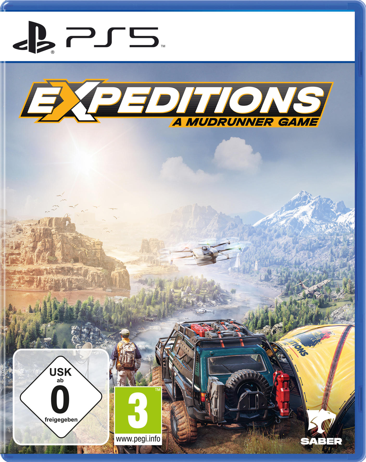 Spiel-Cover. Ein LKW und ein Auto in einer Berglandschaft. Text: Expeditions: A Mudrunner Game.