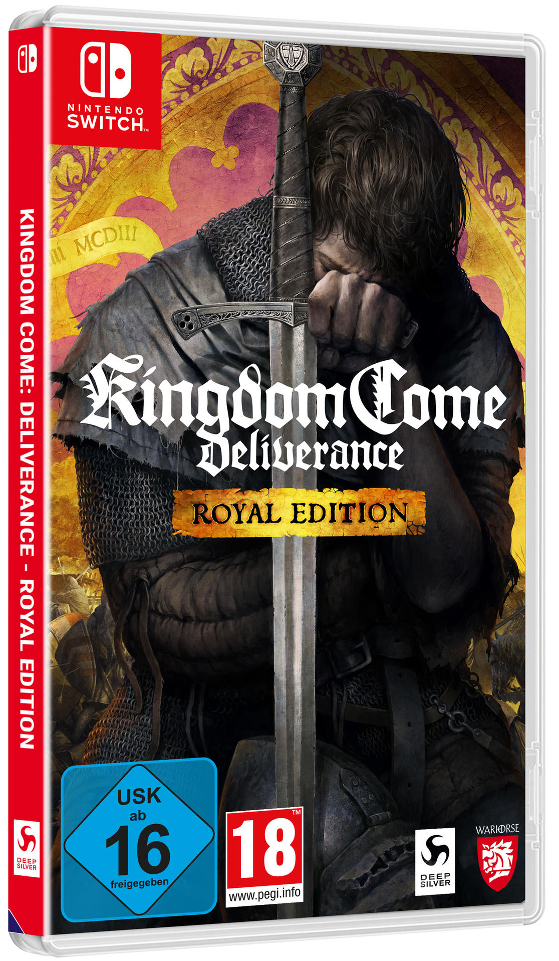 Nintendo Switch-Spielbox für 'Kingdom Come: Deliverance - Royal Edition' mit einem Ritter auf dem Cover.