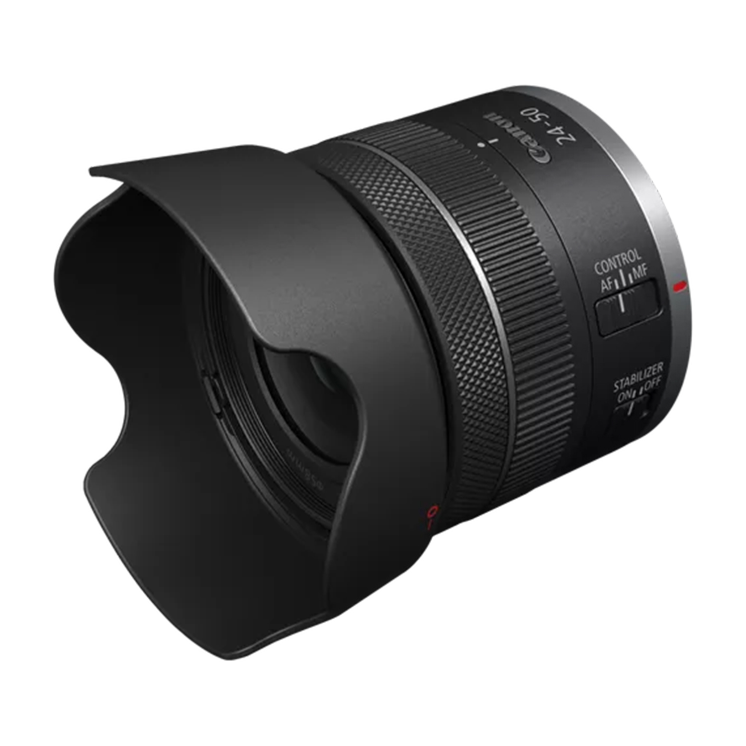 Obiettivo fotocamera Canon. Nero, con paraluce montato. Pulsanti di controllo e stabilizzatore visibili.