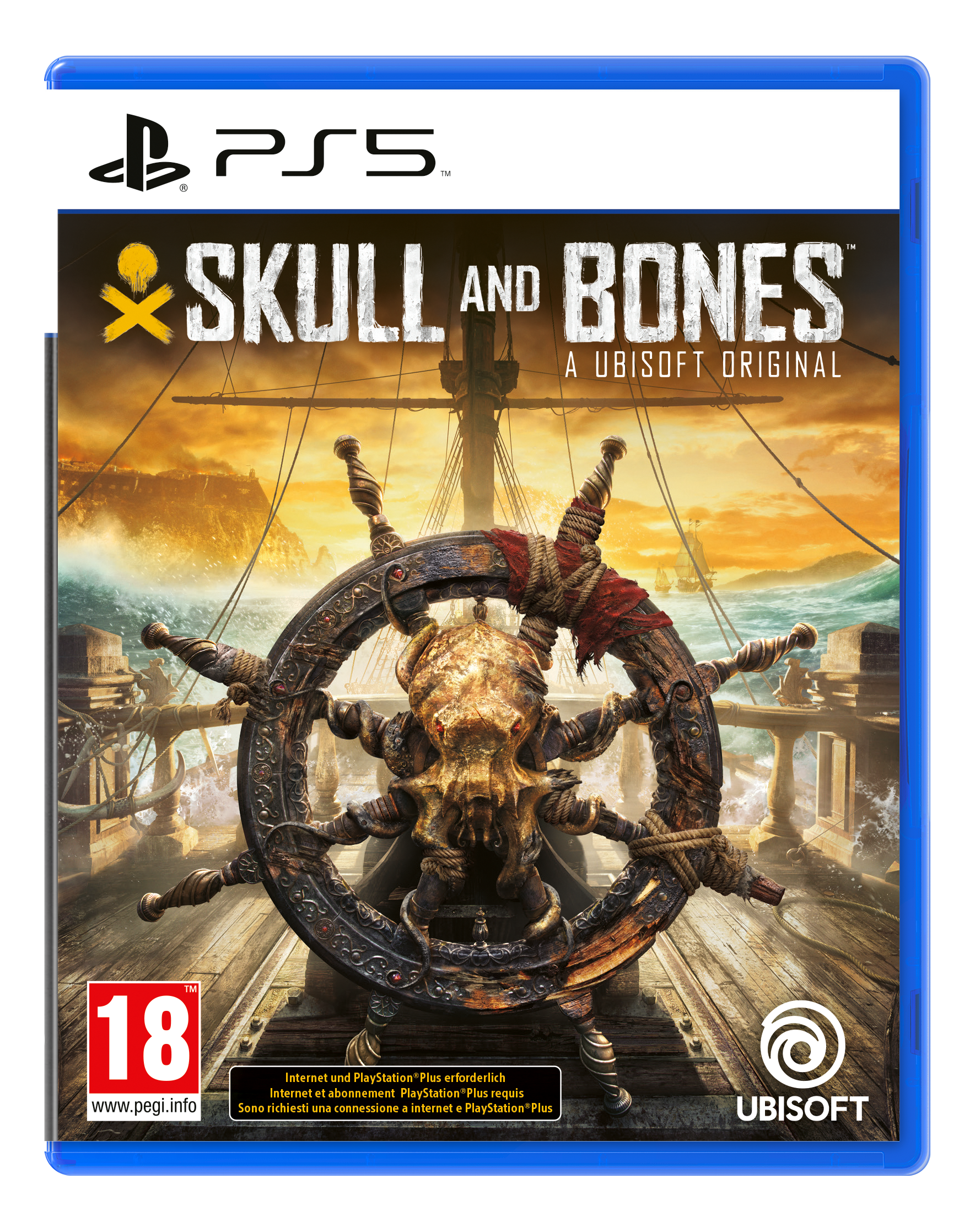 PS5-Spielcover für 'Skull and Bones'. Ein Steuerrad mit Totenkopf auf einem Schiff.