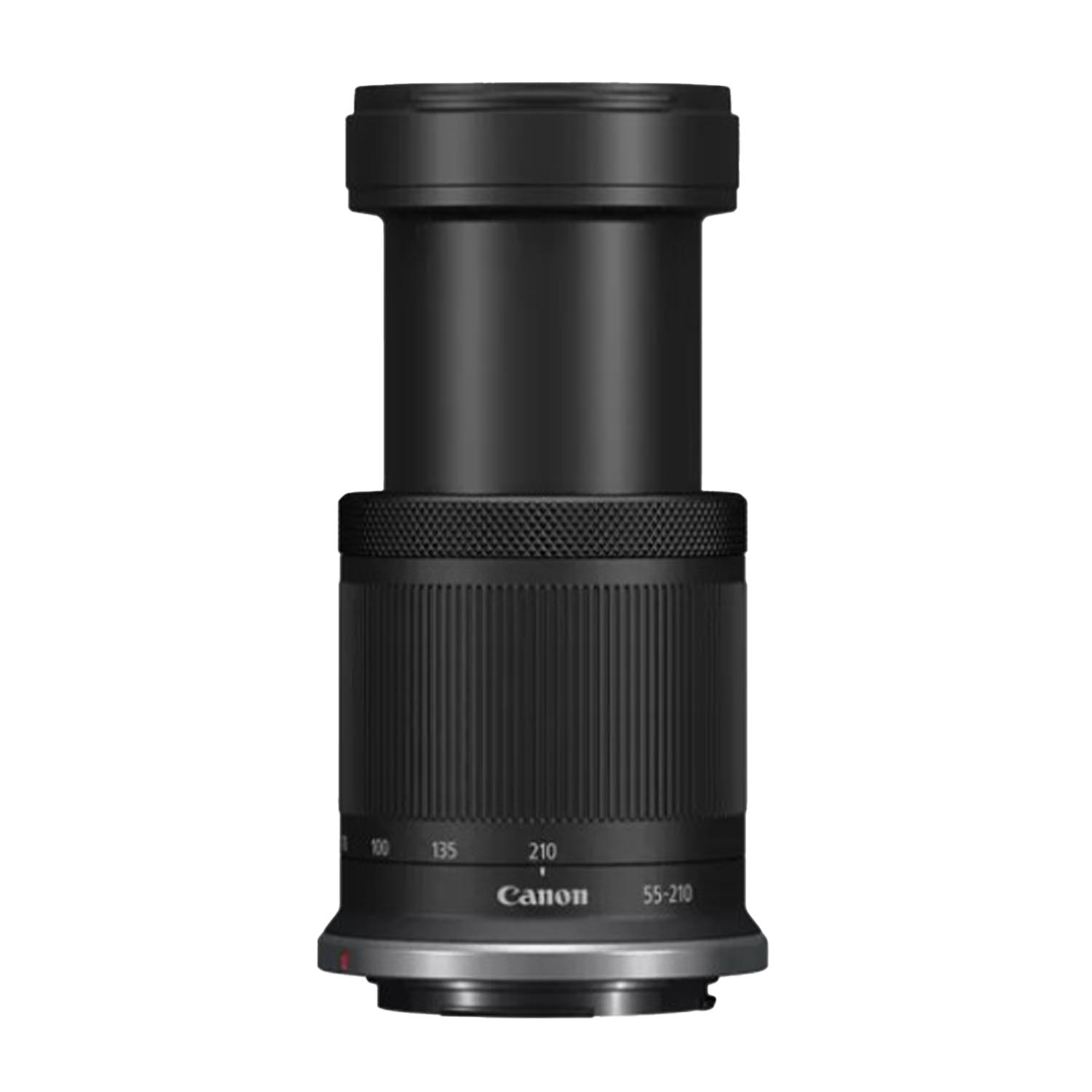 Obiettivo per fotocamera nero, marca Canon, con lunghezze focali marcate. L'obiettivo è cilindrico con una ghiera di zoom.