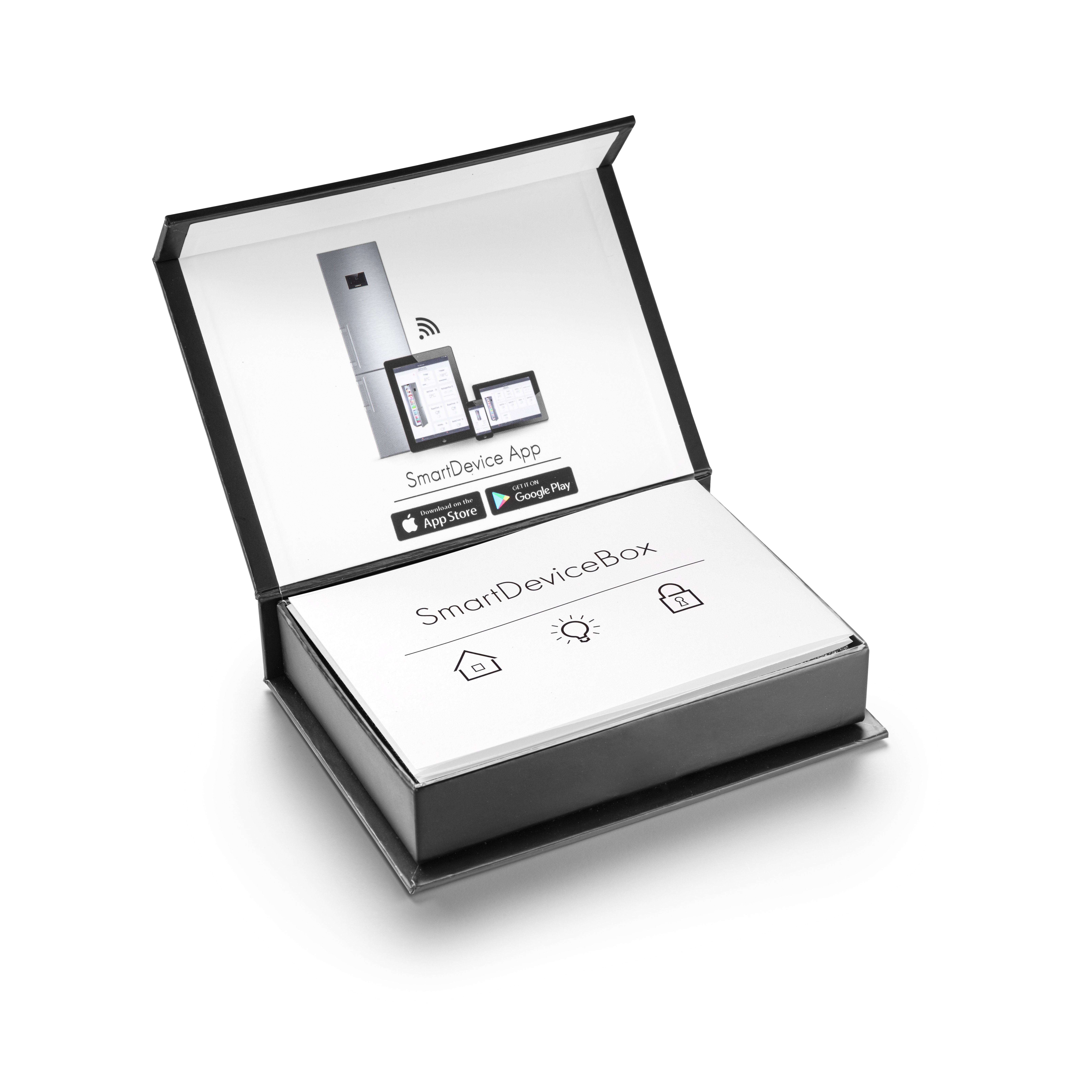 Geöffnete schwarze Box mit SmartDeviceBox-Branding. Zeigt eine Smart Home App und Icons.