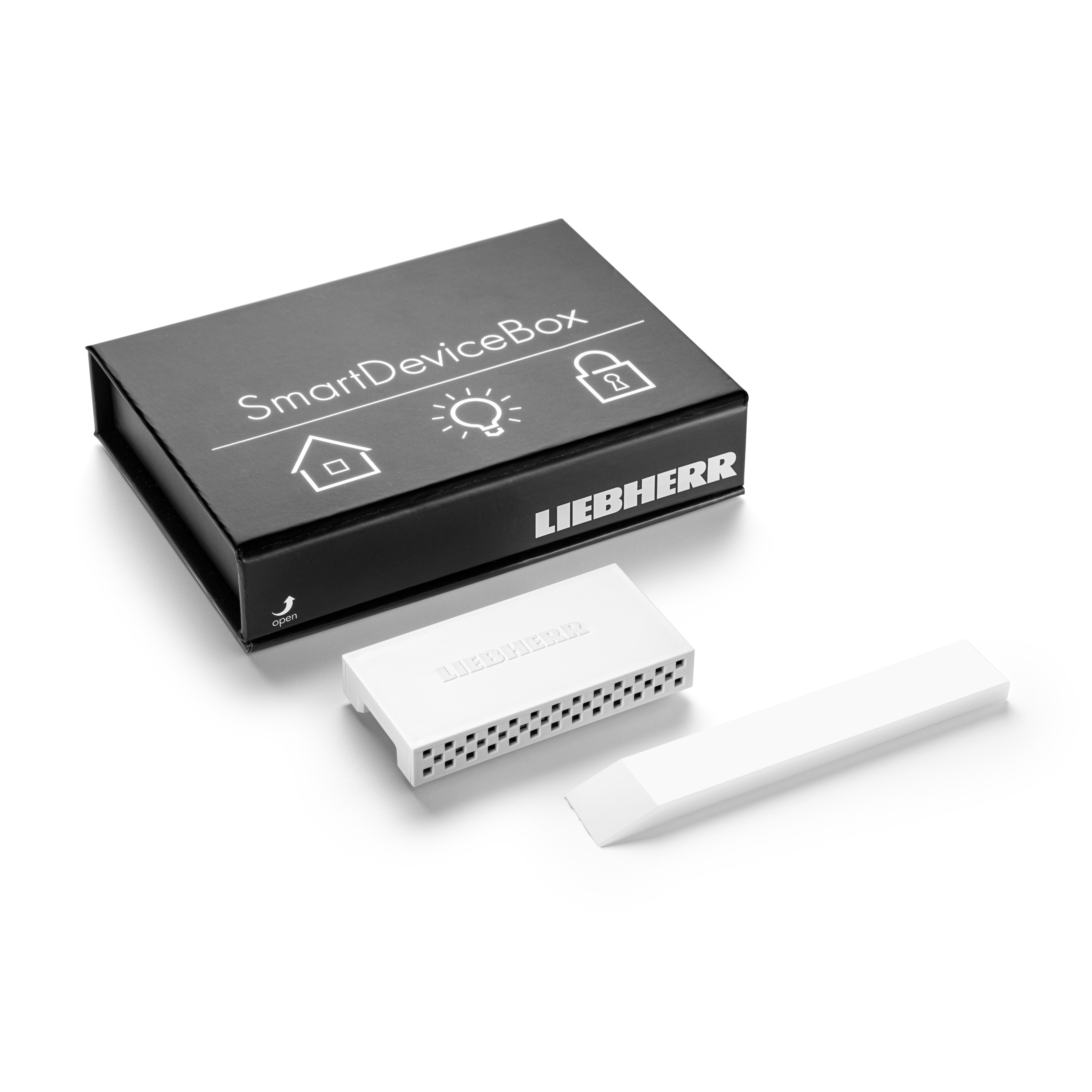 Schwarze SmartDeviceBox mit weißen Komponenten. Die Box hat ein Logo von Haus, Licht und Schloss.