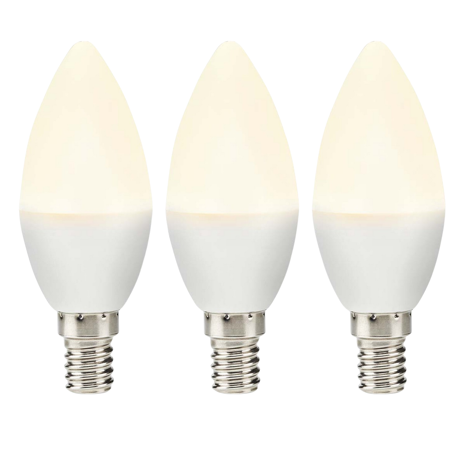 Trois ampoules LED blanches en forme de bougie, allumées et brillantes. Sur fond noir.