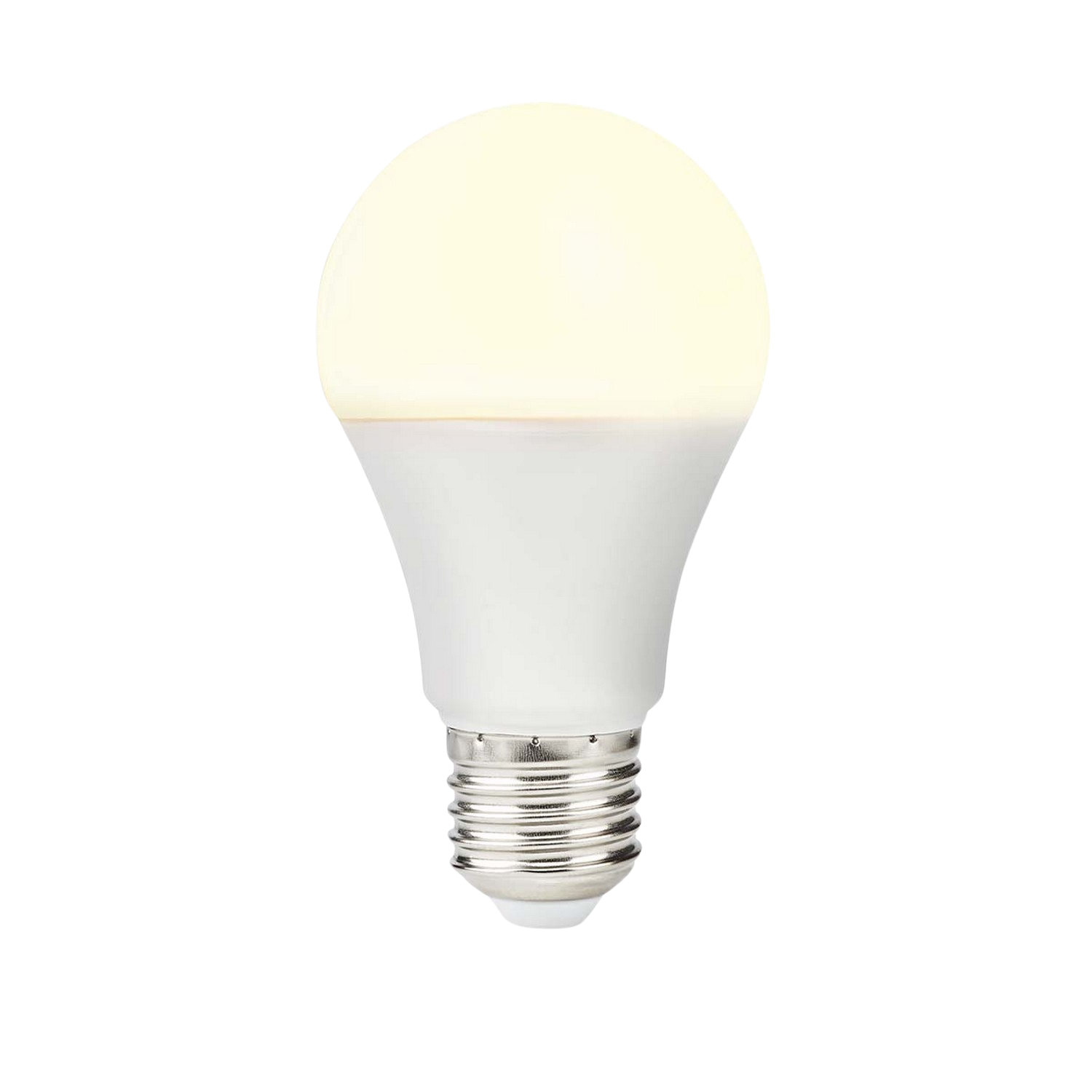 Ampoule LED blanche avec une base argentée, éclairée sur un fond noir.