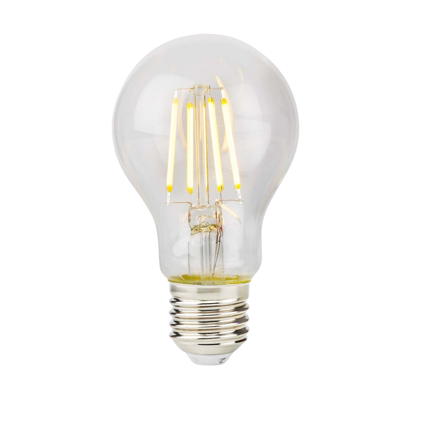 Une ampoule transparente avec filament visible et base argentée. Fond noir.