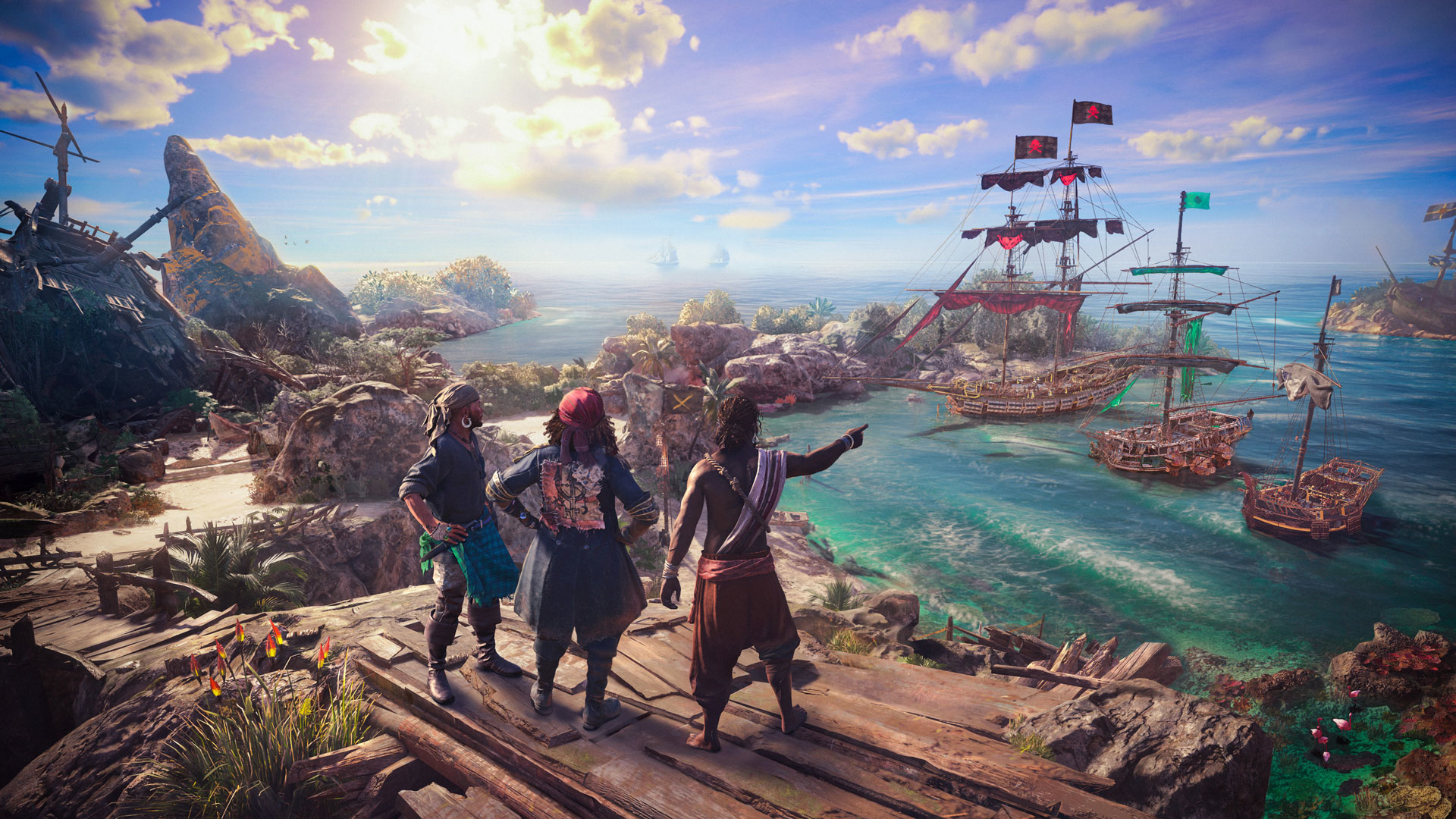 Trois pirates sur une jetée, regardant des navires dans l'eau. Mer ensoleillée et une île tropicale en arrière-plan.