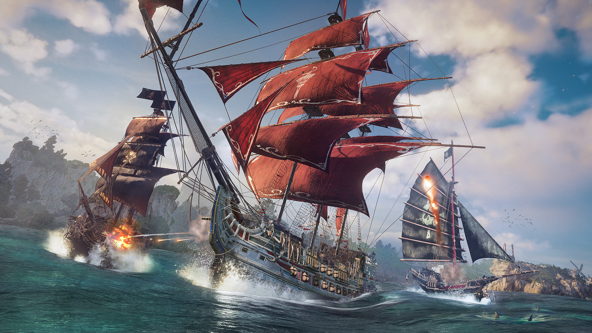 Une scène de bataille navale avec trois navires tirant des canons.