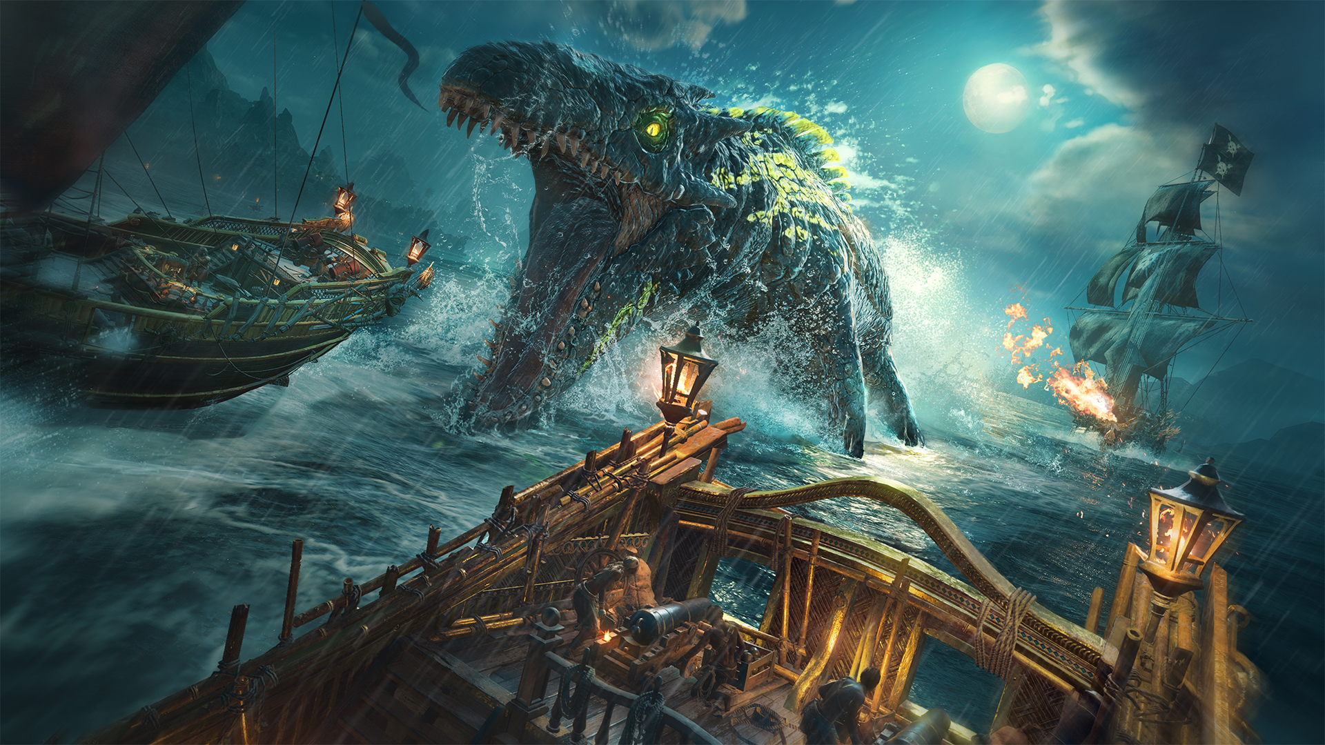 Monstre marin géant attaque des navires en mer orageuse. Navires endommagés, vagues hautes, ciel sombre.
