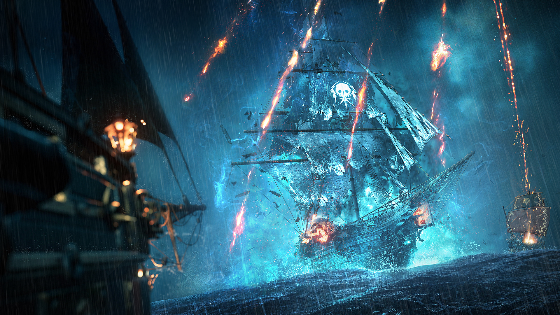 Un navire pirate fantomatique navigue pendant une tempête, un autre navire au premier plan et du feu dans le ciel.
