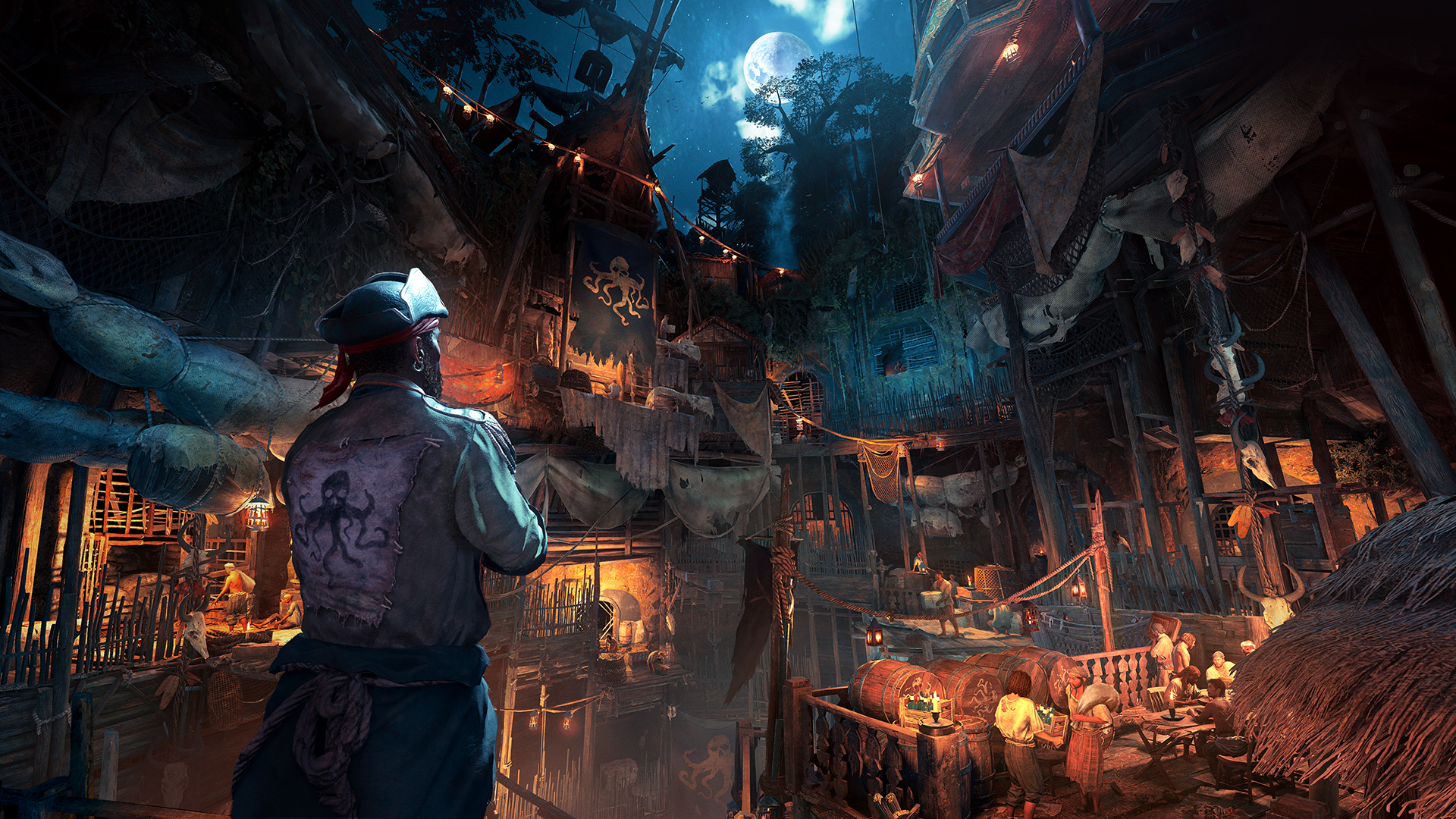 Une scène de nuit d'un village de pirates avec une lune, avec un pirate au premier plan regardant la scène.