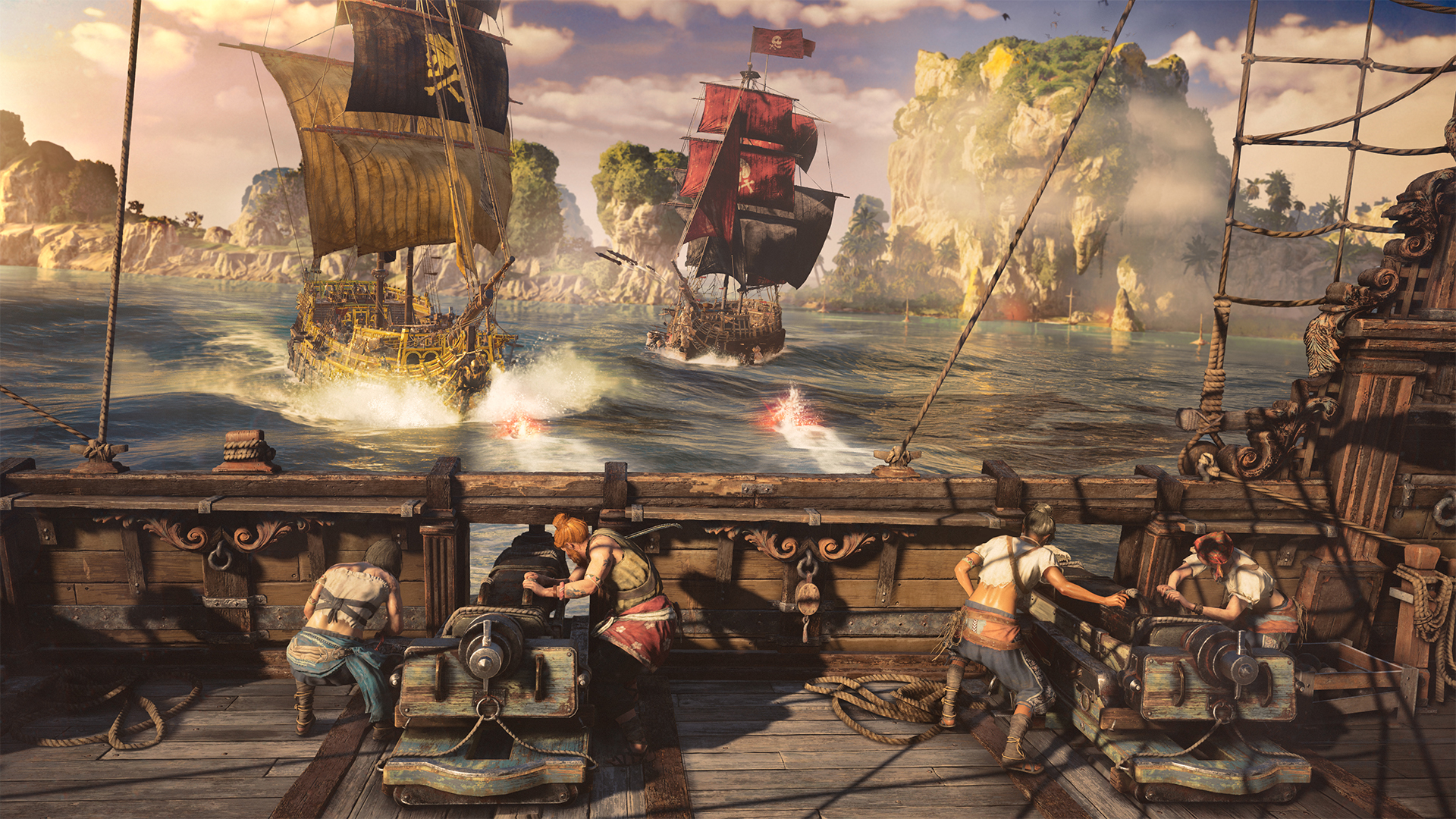 Des navires pirates se tirant dessus des canons dans une bataille navale. La mer et le ciel sont visibles.