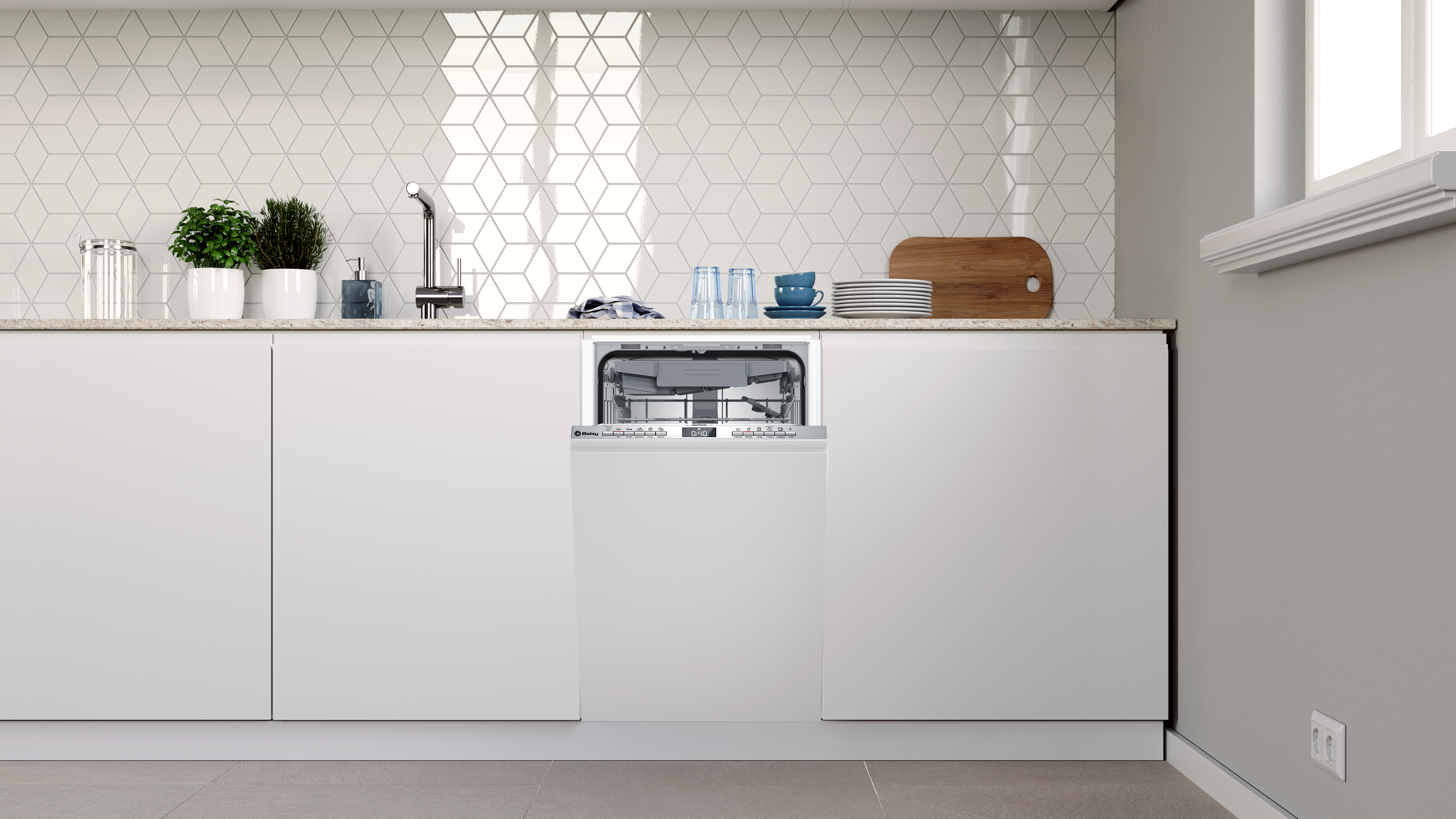 Cocina moderna con armarios blancos y lavavajillas.