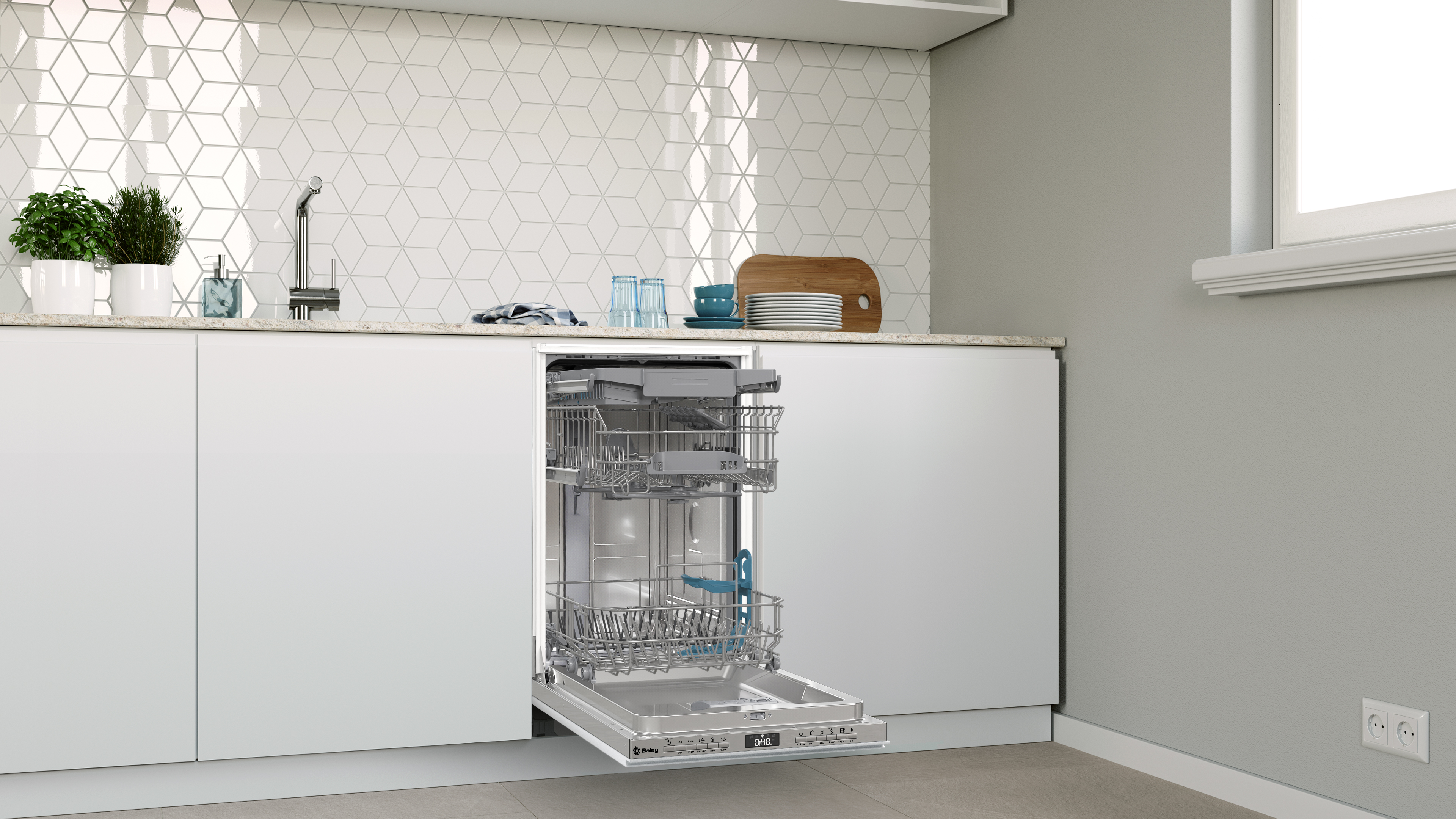 Lavavajillas abierto en una cocina moderna con gabinetes blancos y una ventana.