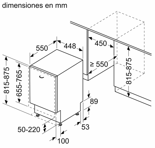 Vista isométrica de un lavavajillas con dimensiones en mm. Líneas discontinuas muestran el gabinete.