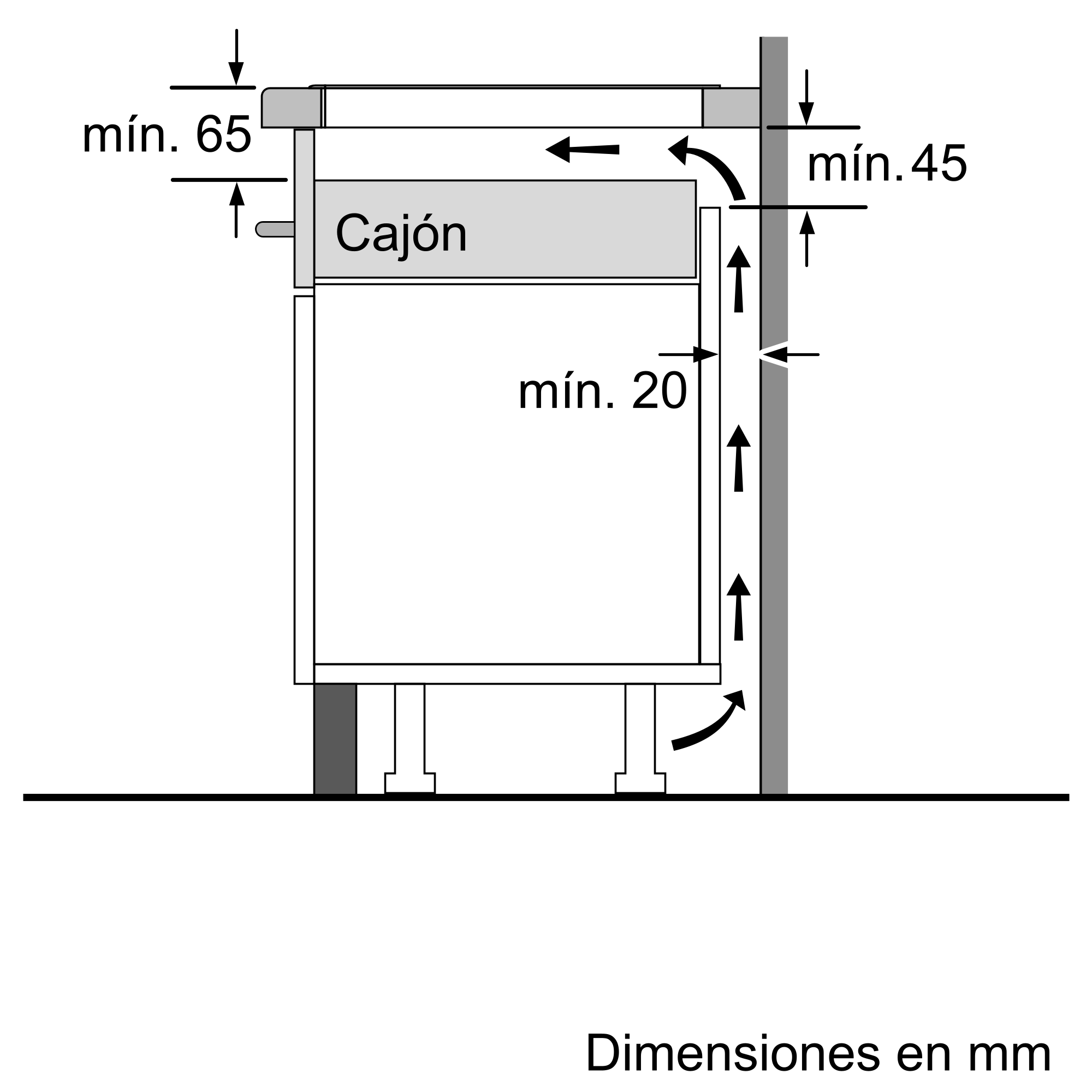 Un diagrama de un cajón con dimensiones y etiquetas.
