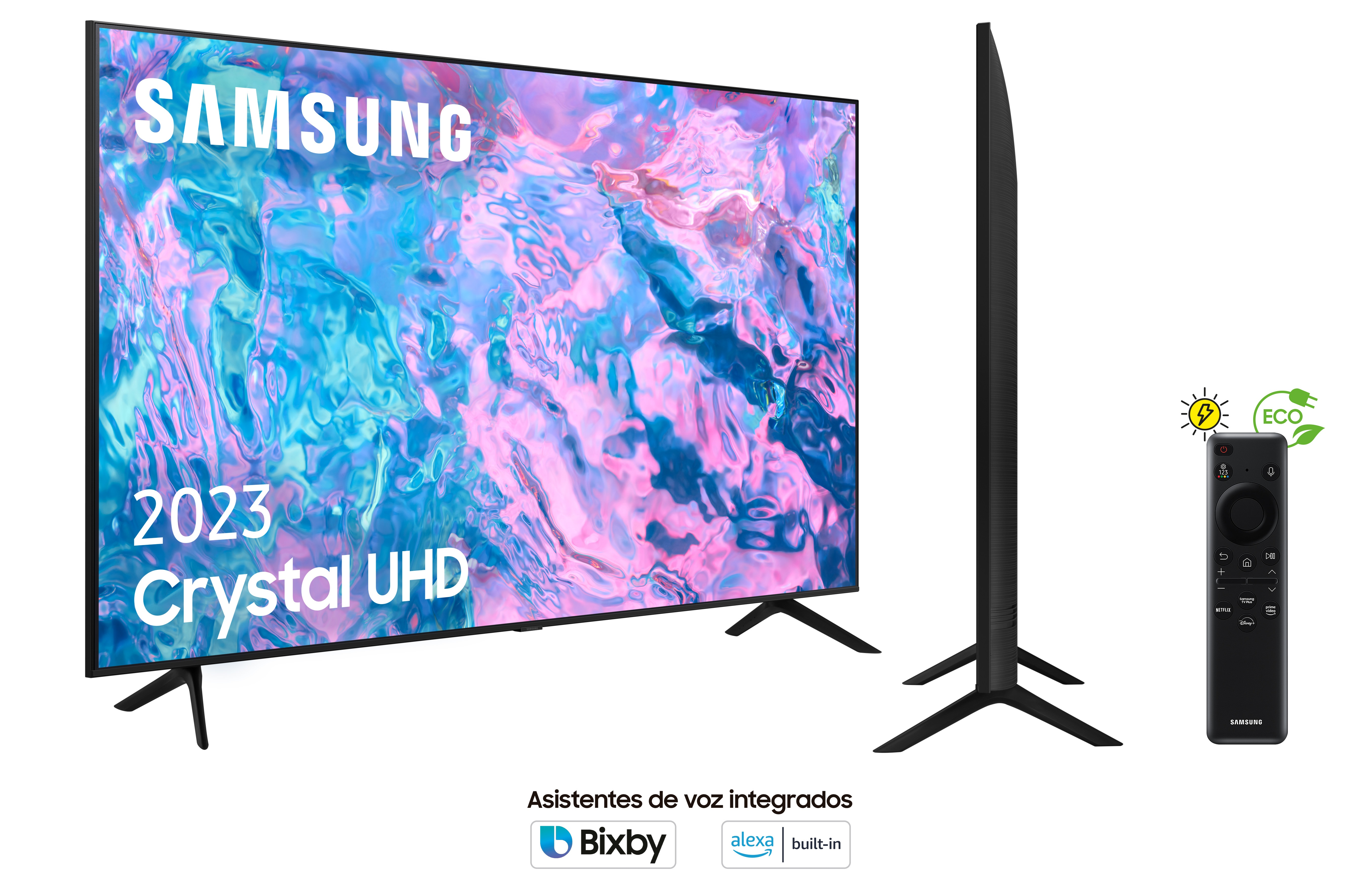 TV Samsung, vista lateral, con soporte y mando. Texto en pantalla: Crystal UHD 2023.