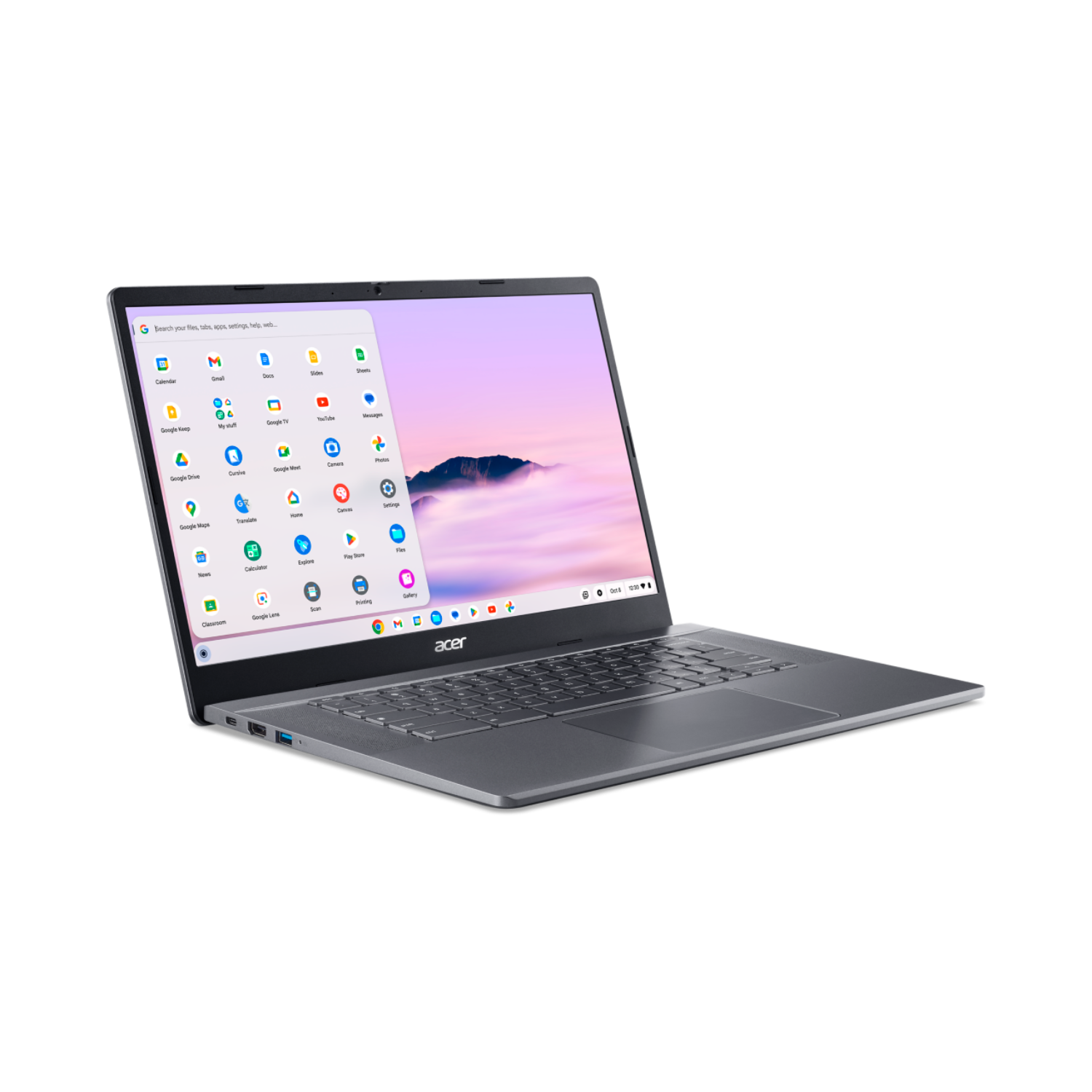 Een laptop met een zilveren behuizing, met een scherm met pictogrammen op een zwarte achtergrond.