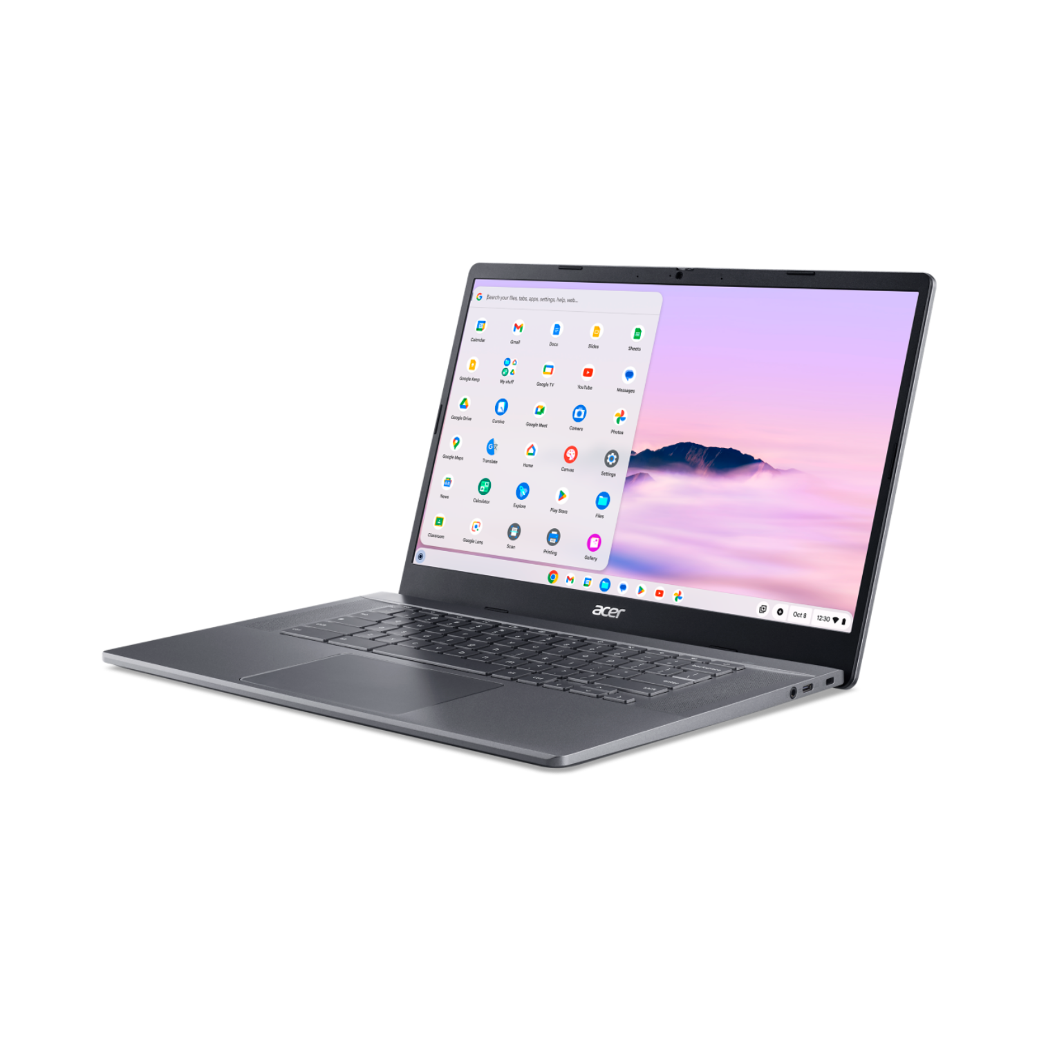 Zilveren laptop open. Toont een scherm met iconen. Het toetsenbord is zichtbaar.