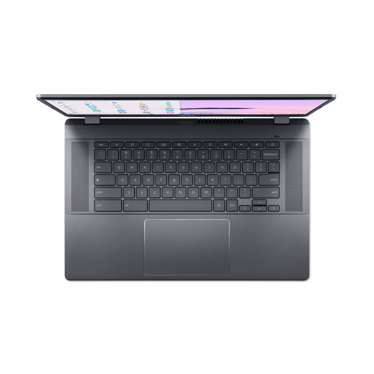 Laptop, bovenaanzicht, open, op zwarte achtergrond. Toetsenbord en scherm zijn zichtbaar.
