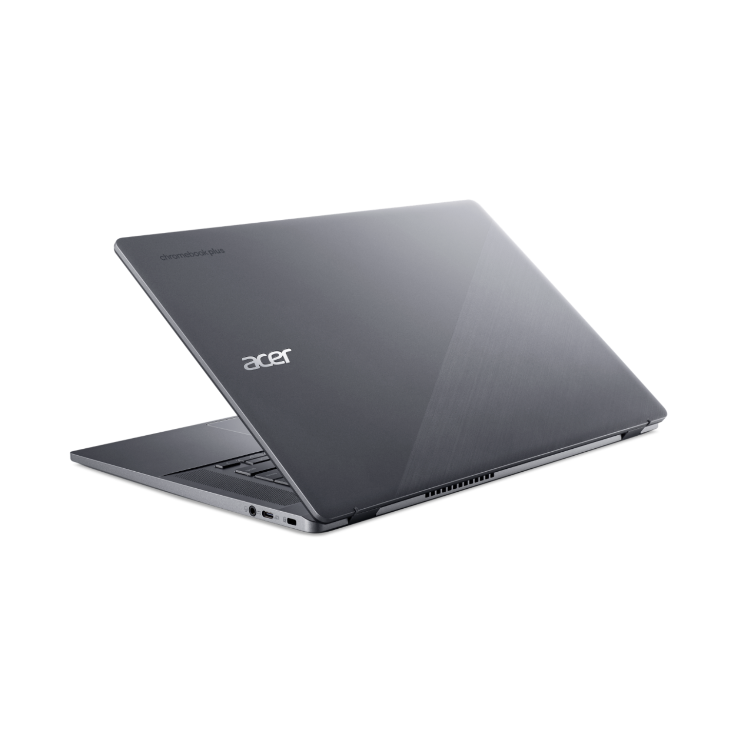 Grijze Acer Chromebook Plus laptop op zwarte ondergrond, licht geopend, logo zichtbaar.